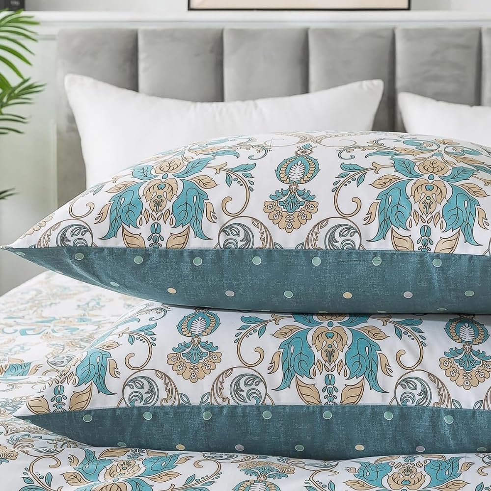 AShanlan Boho Bettwäsche 220x240 Baumwolle Weiß mit Blau Paisley Bettbezug 3teilig Bohemian Style Blumen Angenehme Vintage Muster Wendebettwäsche und 2 Blümchen Kissenbezüge 80x80 mit Reißverschluss