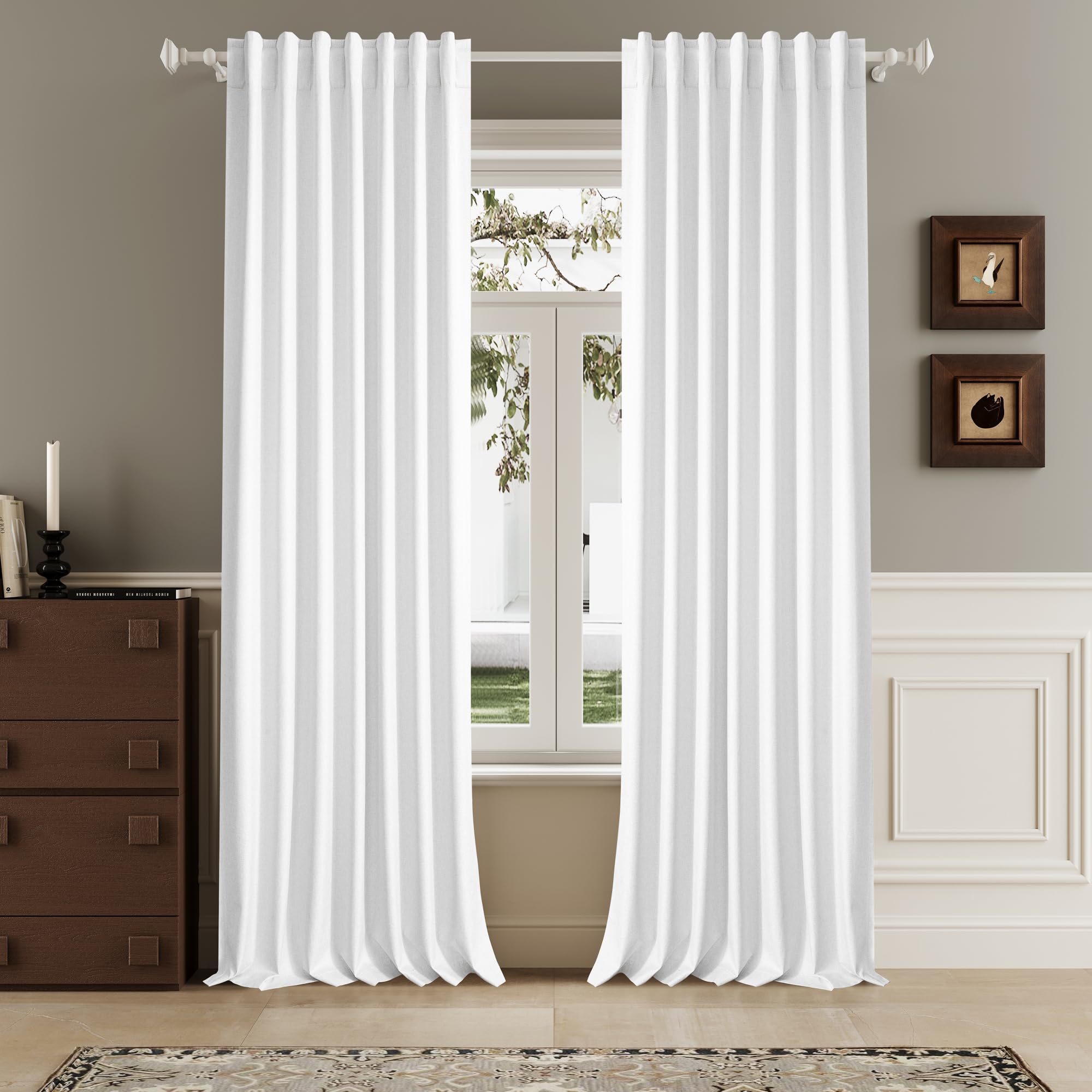 Pure White Linen Full Blackout Curtains 108 Inch Length 2 Panels Set for Living Opaque Privacy Back Tab Thermal Insulated 100% Black Out Room Darkening 9ft Window Curtain Drapes 108 Inches Long