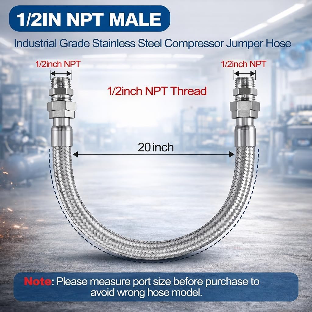 1/2" NPT Male (20" Length) Compressor Jumper Hose，450 PSI 750°F，Industrial Grade Flexible Stainless Steel with Dual Swivel Male Fittings Connectors for Air Compressor System
