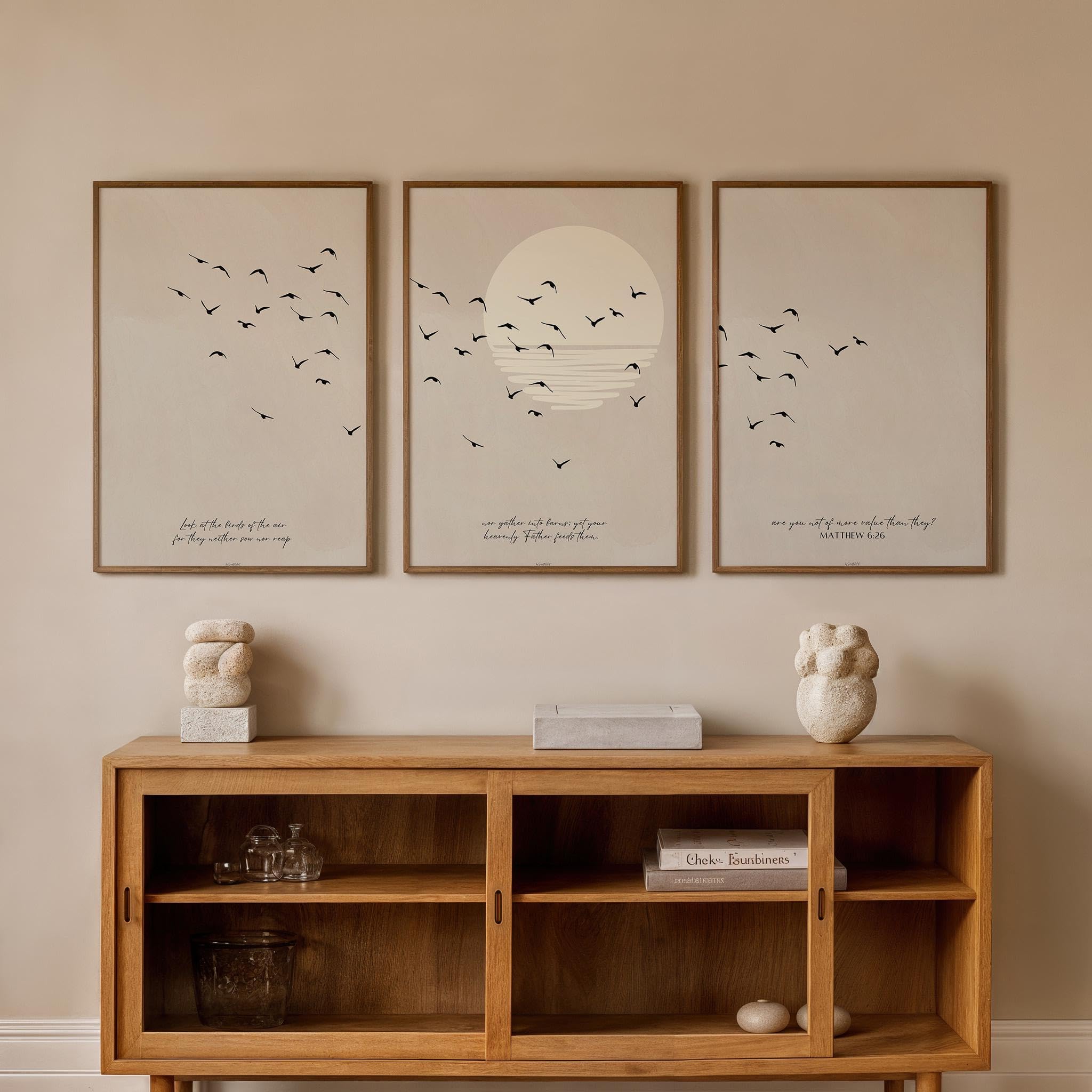 AMOSIJOY Modern Christian Wall Art Set of 3, Bird and Sun Inspirational Prints, Neutral Religious Home Decor Posters, Faith Inspired Artwork for Living Room Bedroom Office, Unframed (30×40cm)