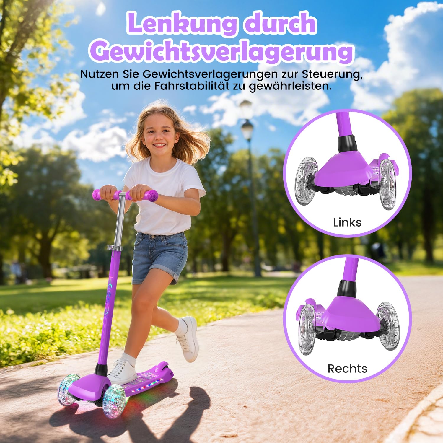 TONBUX Roller Kinder 3 Jahren, Kinder Roller mit Cool Beleuchteten Vorbau, Rädern und Deck, Verstärktes Metall-Deck, Höhenverstellbar 65–80 cm, Sensibler Hinterradbremsen, Roller für von 3–8 Jahren