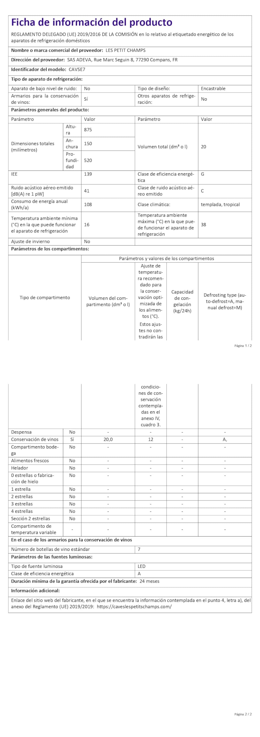 Les Petits Champs Cantina da incasso 7 bottiglie CAVSE7, Capacità 22L, Porte in acciaio inox, Regolazione della temperatura da 5°C a 22°C, Illuminazione LED, Anti-UV, 6 ripiani