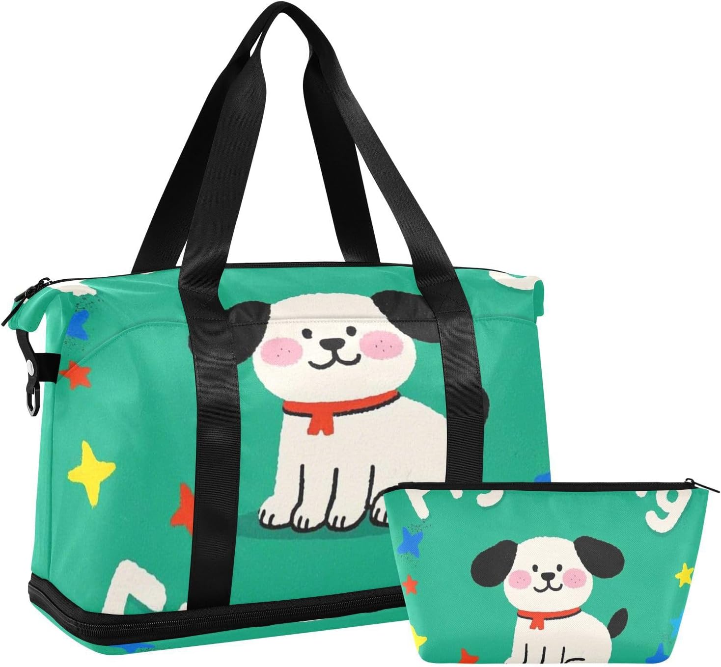 Fighting Cartoon Cute White Dog Tote Bag Gym Bag with Toiletry Bag for Travel Waterproof