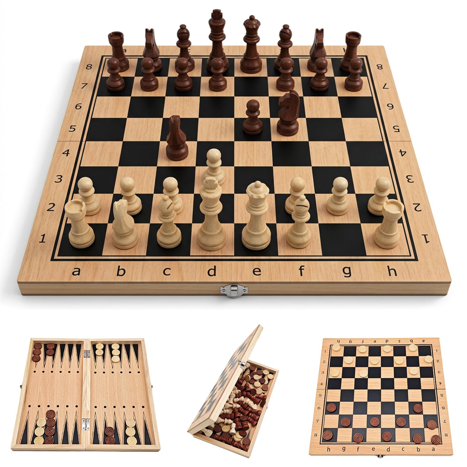 3 in 1 Chess Set, 12" Foldable Chess, Portable Wooden Travel Folding Backgammon Set & Checkers Kit for Adults