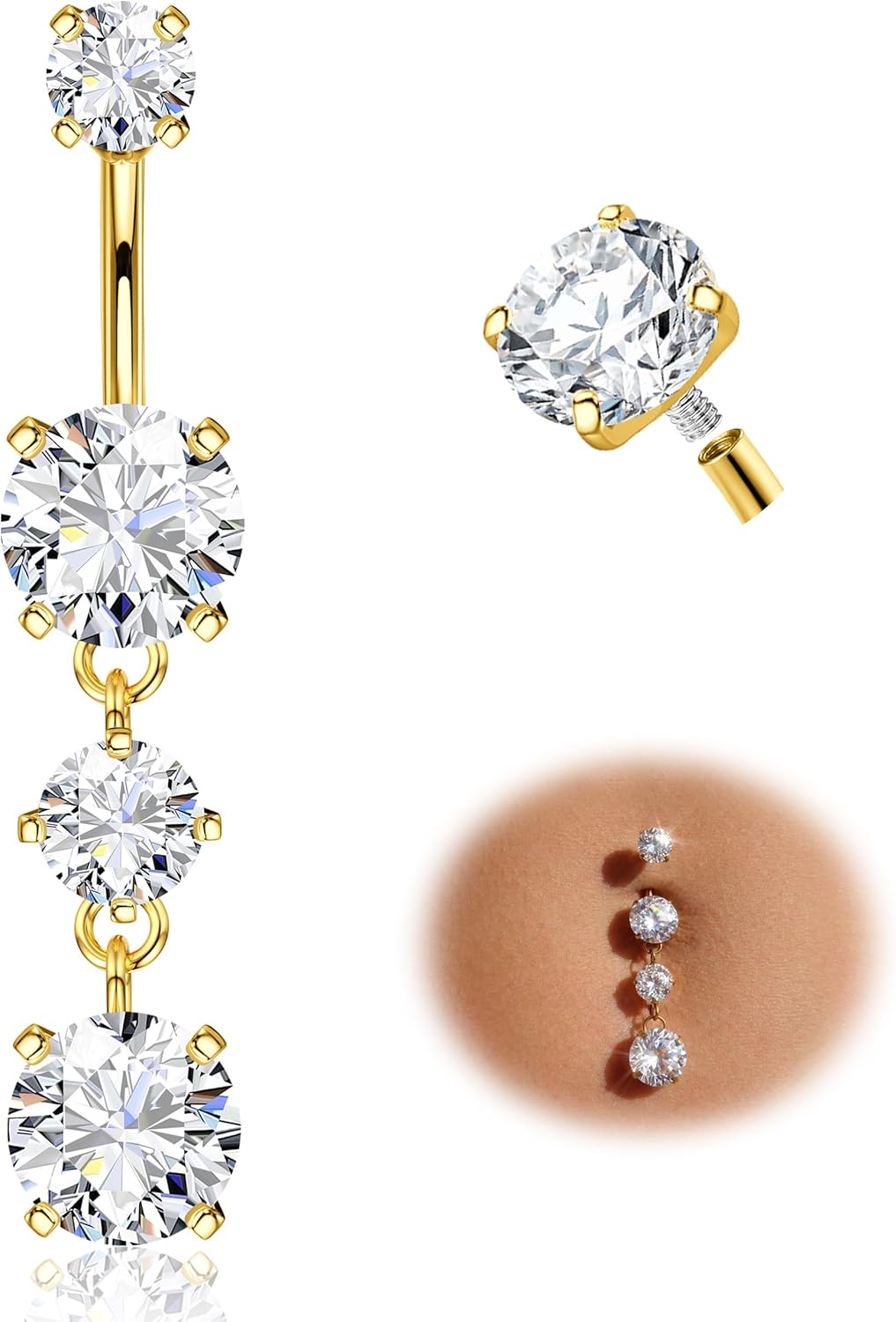 Tungary G23 Titanium Belly Button Ring for Women - 14G 3/8" Internally Threaded Navel Rings with 5A CZ Dangle Belly Button Ring Hypoallergenic Navel Piercing Jewelry, Gold & Titanium Silver