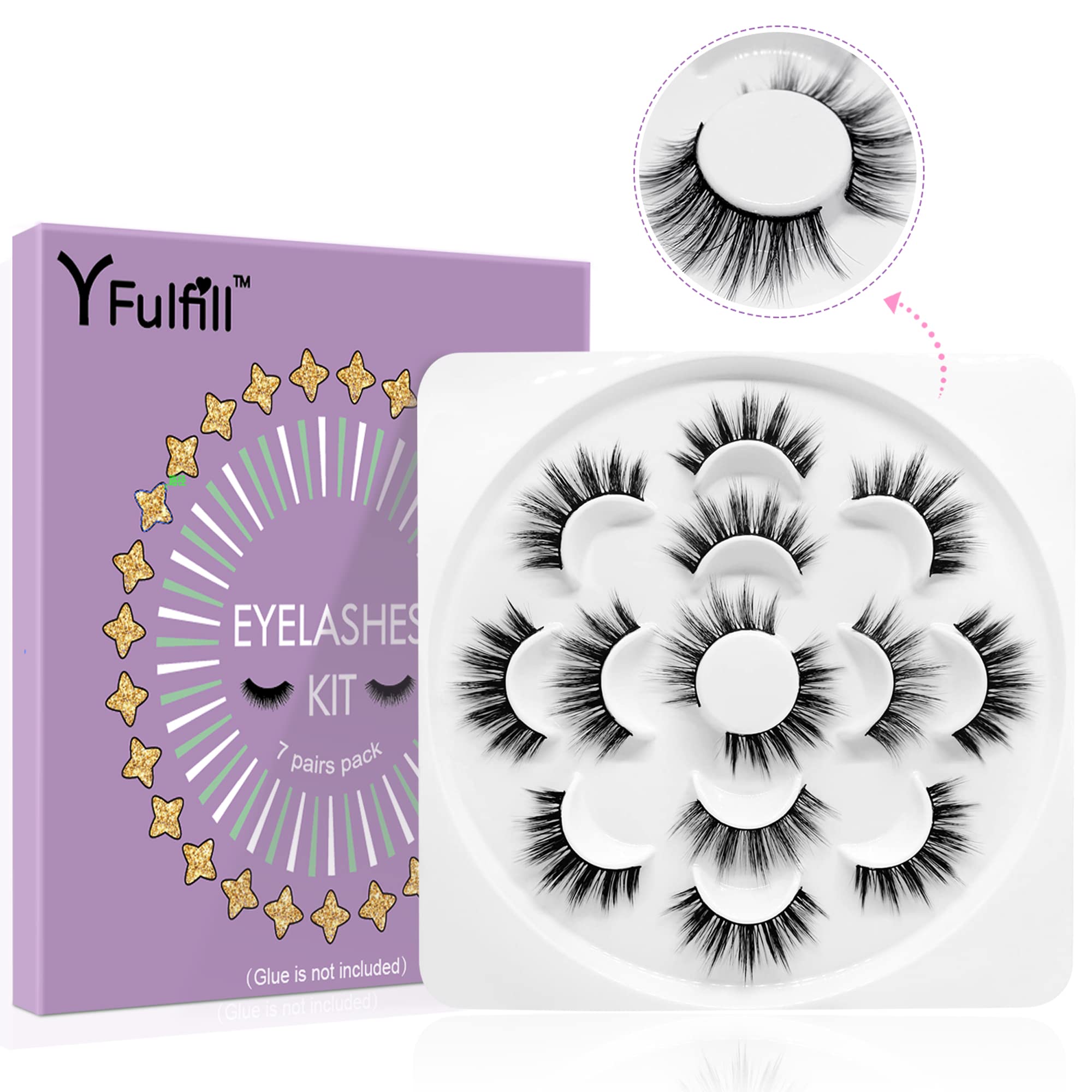 False Eyelashes Natural Look, Eyelashes Mink Fluffy Cat Eye, 15mm Natural False Lashes Wispy 7 Pairs Pack