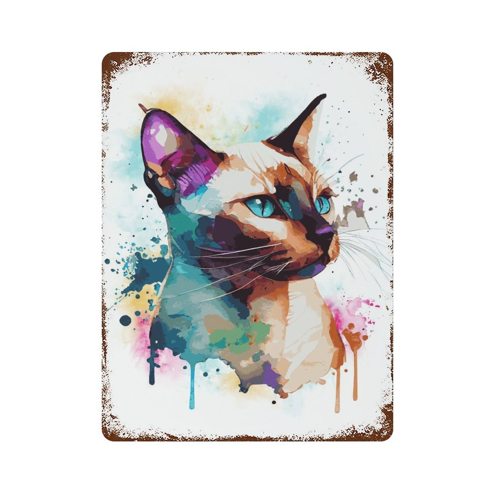 Rust Effect Siamese Watercolor Cat Distressed Metal Wall Sign 15.7"x11.8", Farmhouse Wall Decor for Office, Studio And Wall Decor