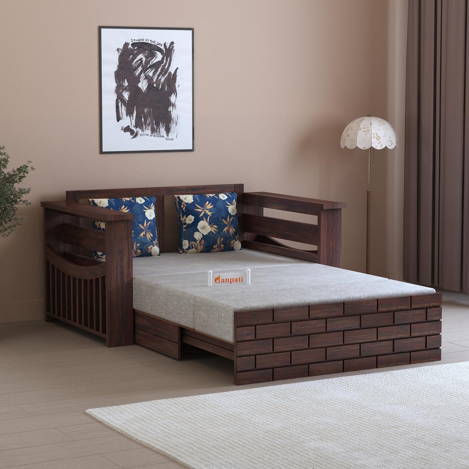 Ganpati Arts Sheesham Wood Italian 2-Person Sofa Cum Bed With Side Pockets For Living Room Bedroom Office (Walnut Finish)