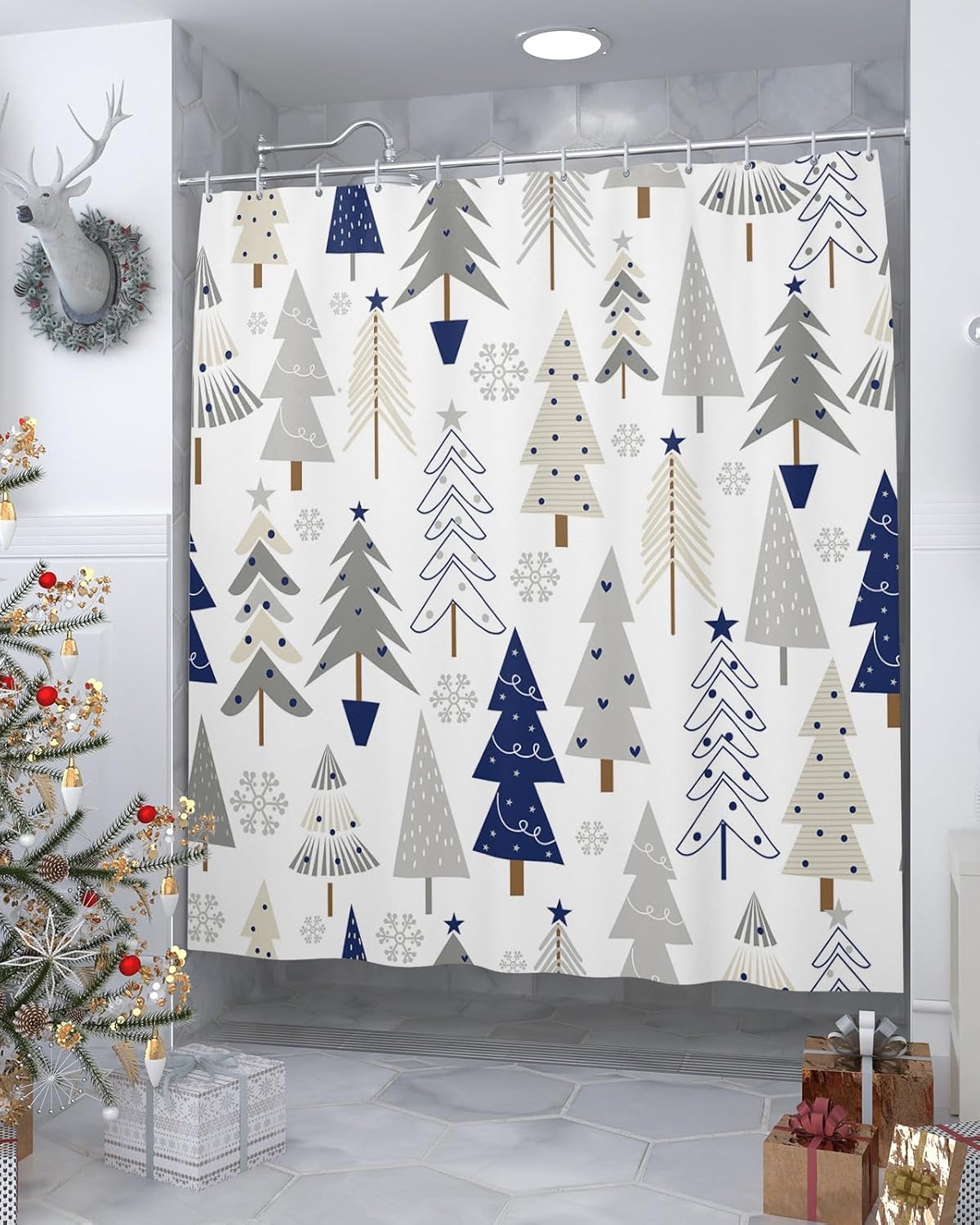 Blue Grey Christmas Tree Waterproof Shower Curtains Set - Extra Long 72 x 84 Inch, Xmas Tree Winter Snowflake Polyester Fabric Bathroom Curtain with 12 Hooks, Bathroom Accessories, 1 Panel