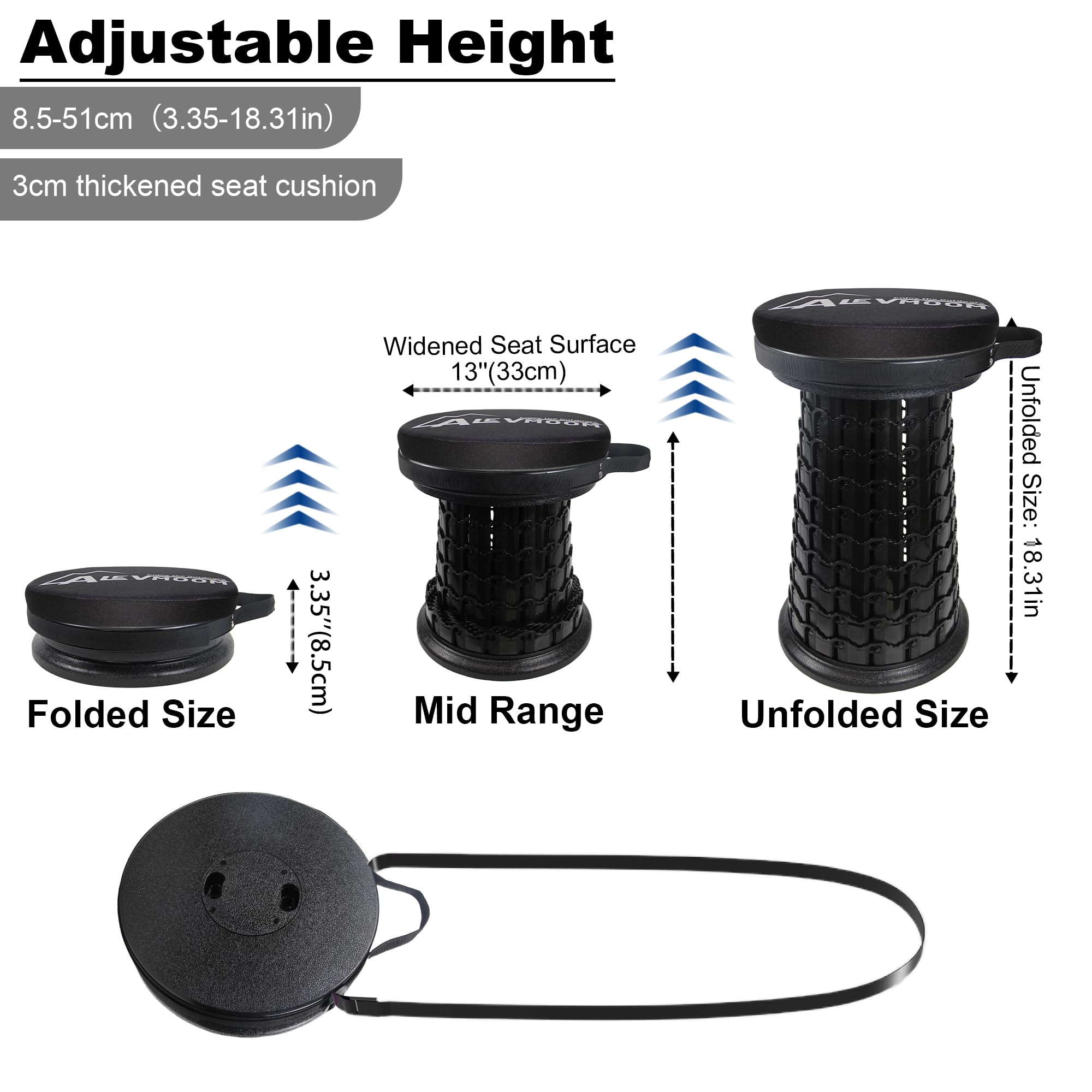 ALEVMOOM Tragbarer Teleskophocker mit dickem Kissen, Teleskop-Klapphocker，maximale Tragfähigkeit 450 kg ，einziehbarer Klapphocker für Outdoor Camping, Angeln, Wandern, Reisen
