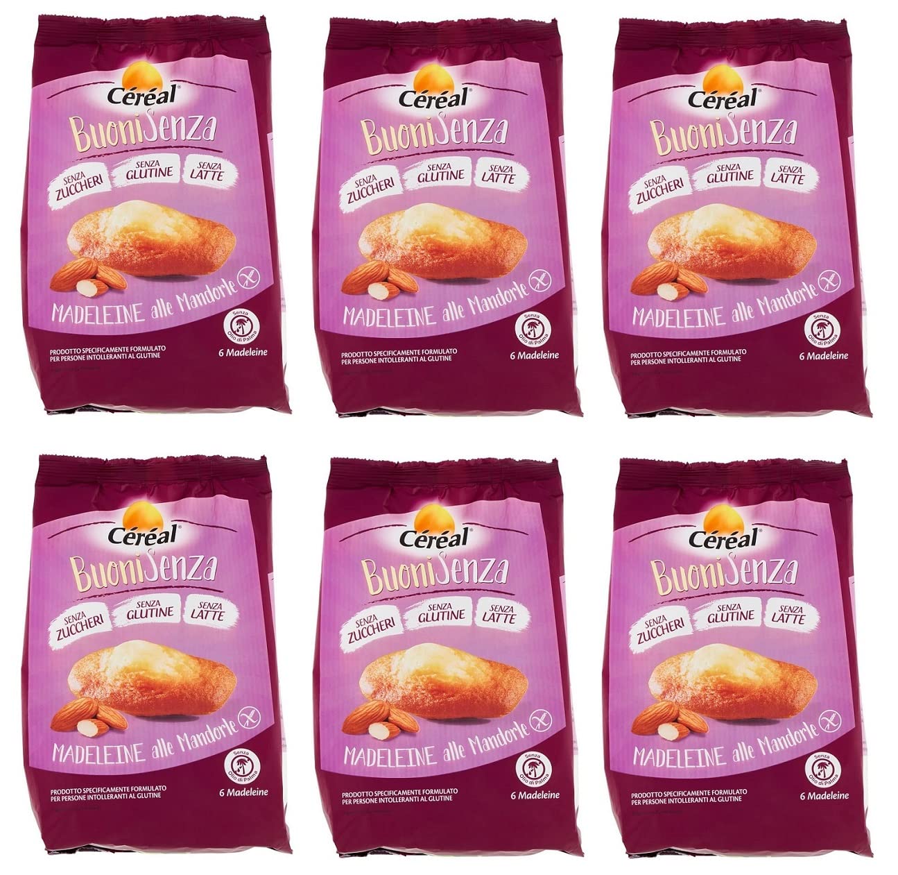 6x Céréal BuoniSenza Madeleine alle Mandorle Mandel Madeleines Ideal zum Frühstück Süßer Snack mit Mandelgeschmack glutenfrei, milchfrei und zuckerfrei 180g Packung