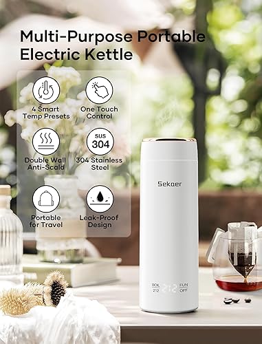 Miniatura 2 de Sekaer Mini hervidor eléctrico portátil de viaje, hervidor de té pequeño, caldera de agua caliente, 11.2 fl oz y acero inoxidable 304, con 4 ajustes