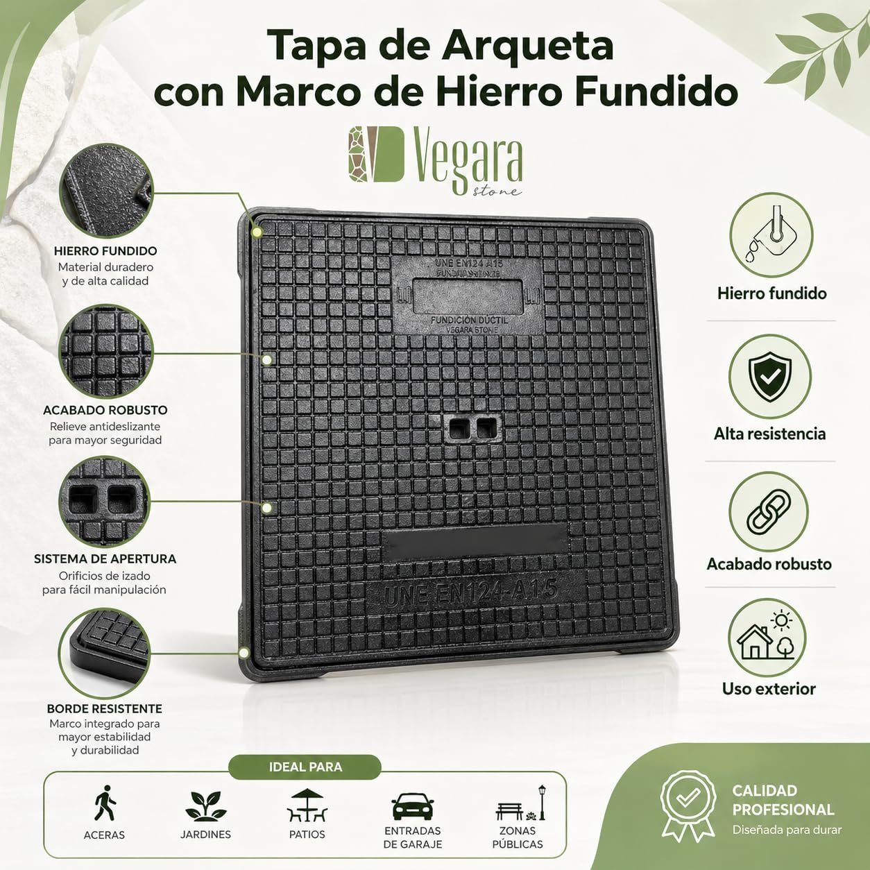 Tapa Arqueta Hierro Fundido 70×70  cm – Clase C250 (Carga máx. 25  toneladas) con Marco, Norma EN124 – Uso Profesional para Vía Pública o Particular