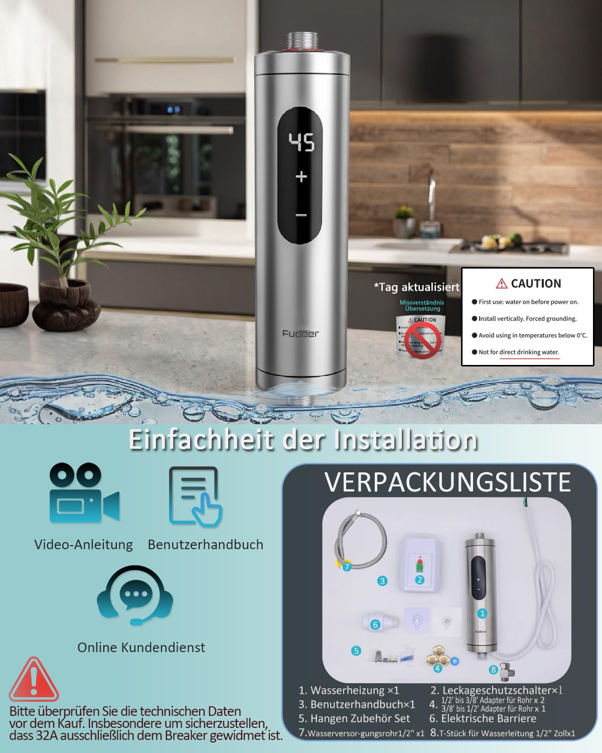 Mini Durchlauferhitzer für Waschbecken, Edelstahl Durchlauferhitzer Klein On-Demand Kleine Belüftete Unterspülen Wasserheizer, Kompakter Kleiner Durchlauferhitzer für Küche, Bad(Unter Waschbecken)