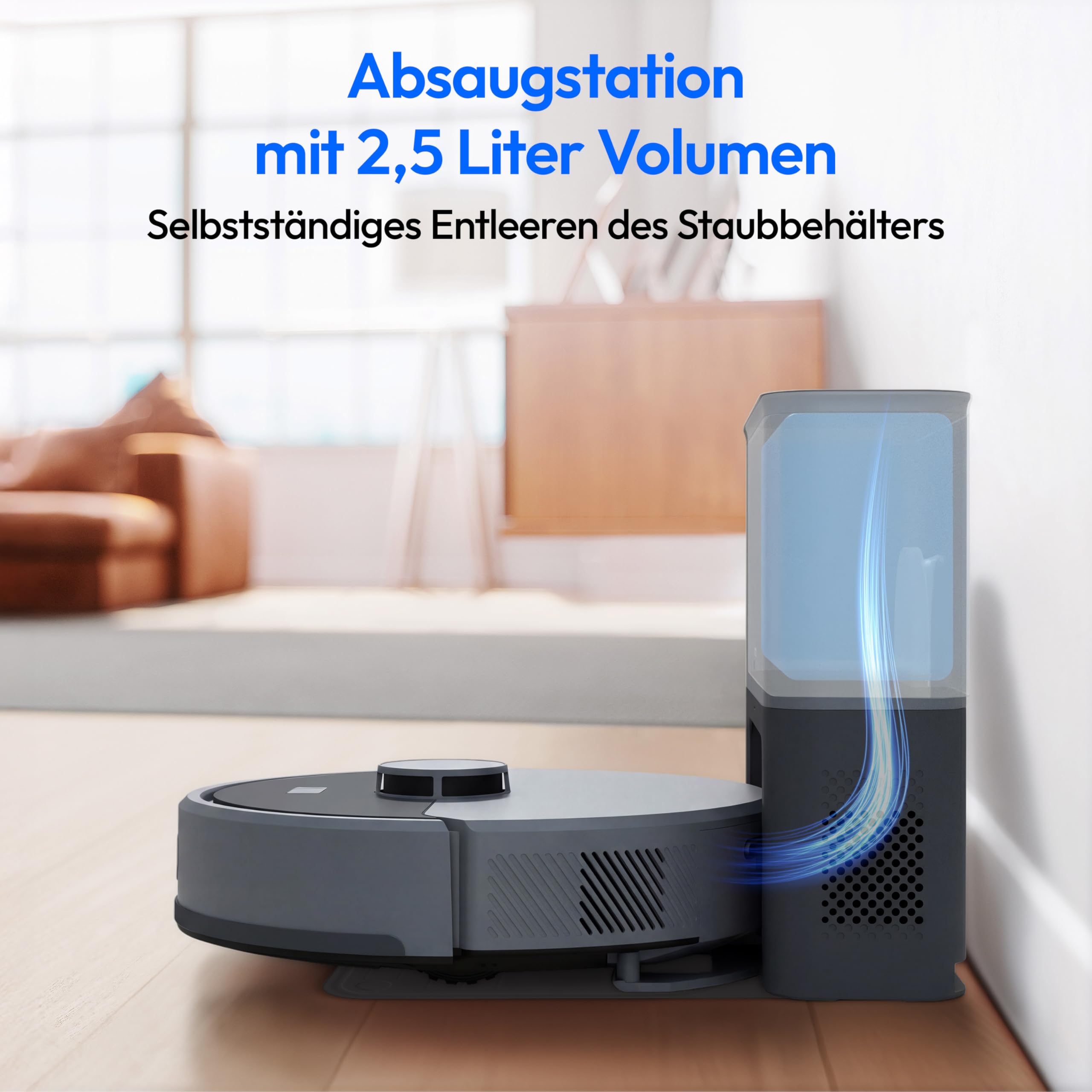 MEDION Saugroboter mit Absaugstation und Wischfunktion X23 SW+ (Lasernavigation, Starke 5000Pa Saugkraft, 2in1 Roboterstaubsauger, präzise Kartenerstellung, Go & No Go Bereiche, mehrere Etagen) blau