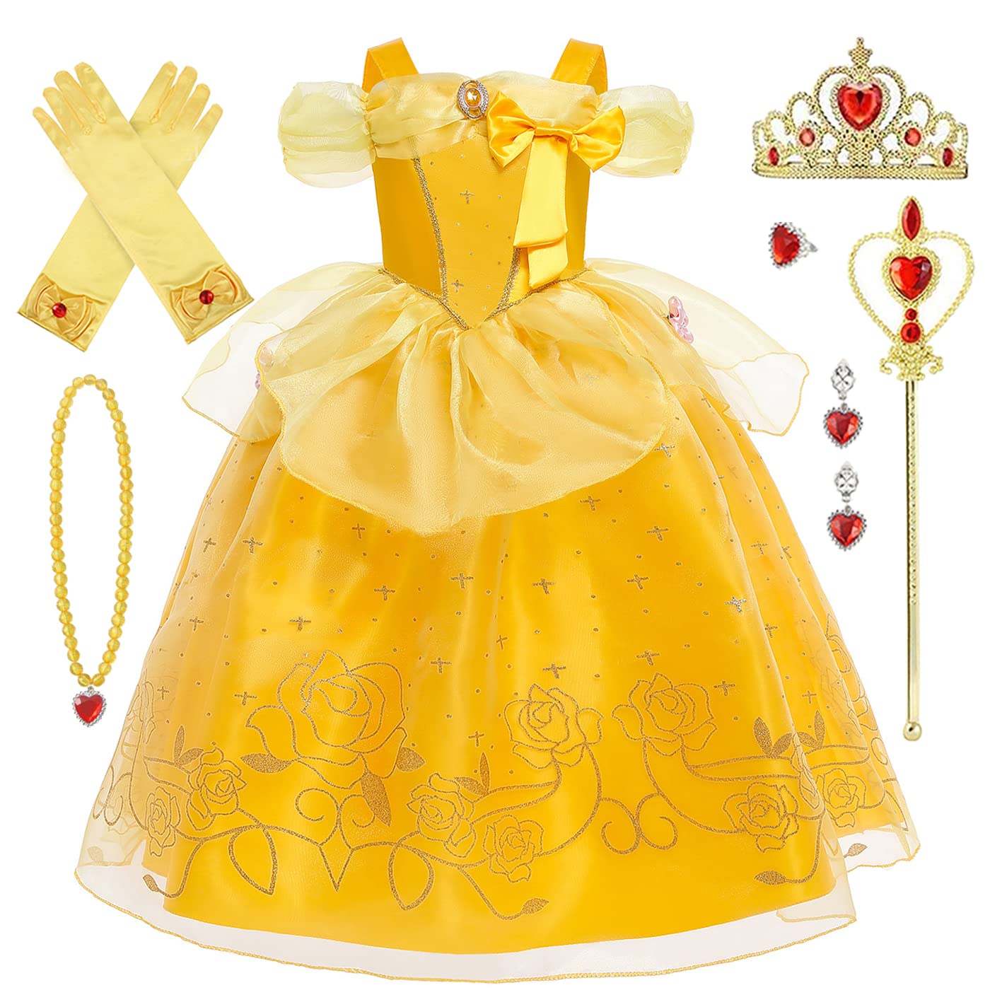 AYIMEIS Niña Vestido de Princesa Bella con Accesorios Disfraz de Bella y la Bestia Niño Disfraces de Princesa Cumpleaños Fiesta Cosplay Navidad Halloween Carnaval Vestirse