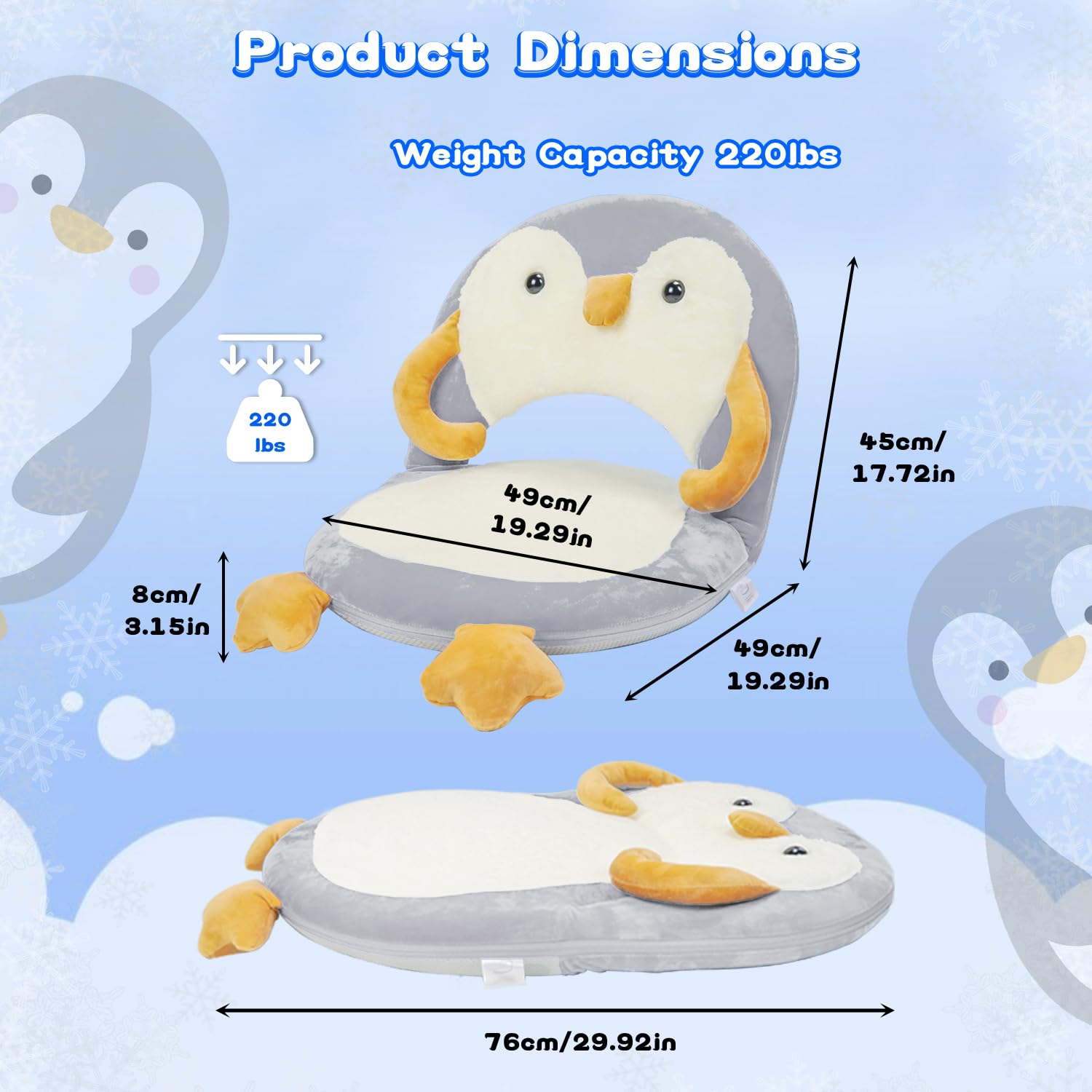 Floor Chair for Kids, Penguin Floor Seating with Back Support 5 Adjustable Position Ideal for Reading Gaming Meditating Yoga, Kids Chair for Daycare Preschool Classroom (Grey)