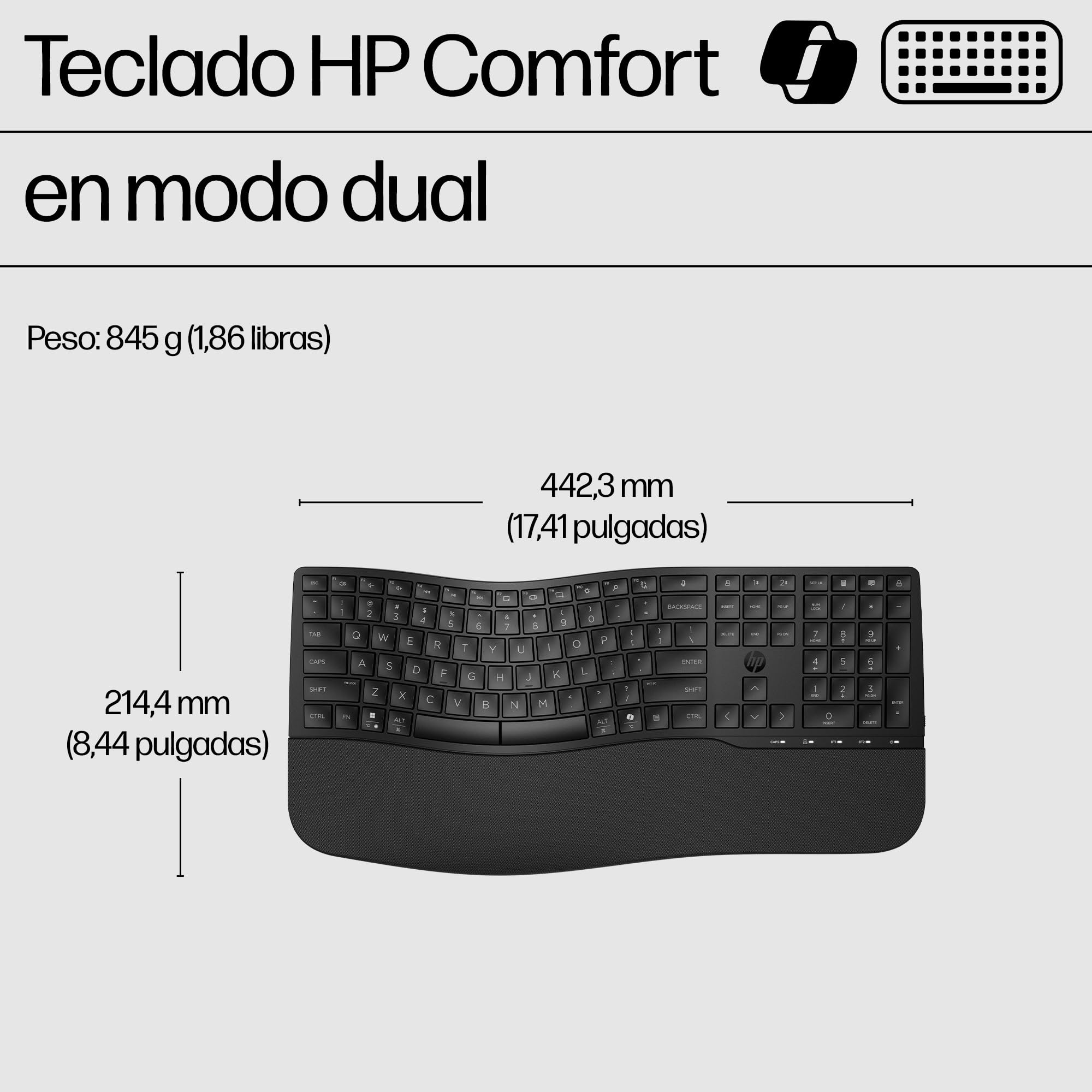 HP 680 Teclado QWERTY Español inalámbrico Dual, Ángulos de Escritura Ajustables, Teclas programables, Conectividad Segura, Diseño Compacto en Forma de Onda, Reposamanos Acolchado, Color Negro