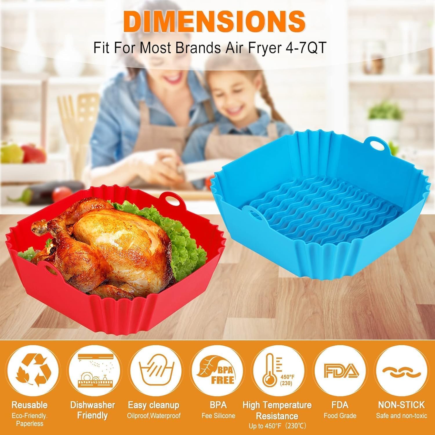 PRIMESKY® Air Fryer Liners I Square Silicone Basket Baking Tray I Pot with Ear Handles I Nonstick Reusable Heat Resistant I Cooking Oven Insert Accessories - Multicolor (Square Liner, 8 INCH PACK OF1) 1