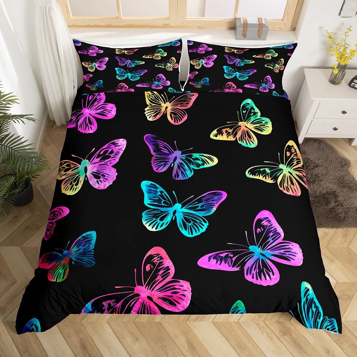 Erosebridal Butterfly Bedding Set Queen Size Colored Butterflies Duvet Cover,Watercolor Comforter Cover Colorful Hexapod Quilt Cover Child Teens,Rainbow Colors Aesthetic Bedroom Decor