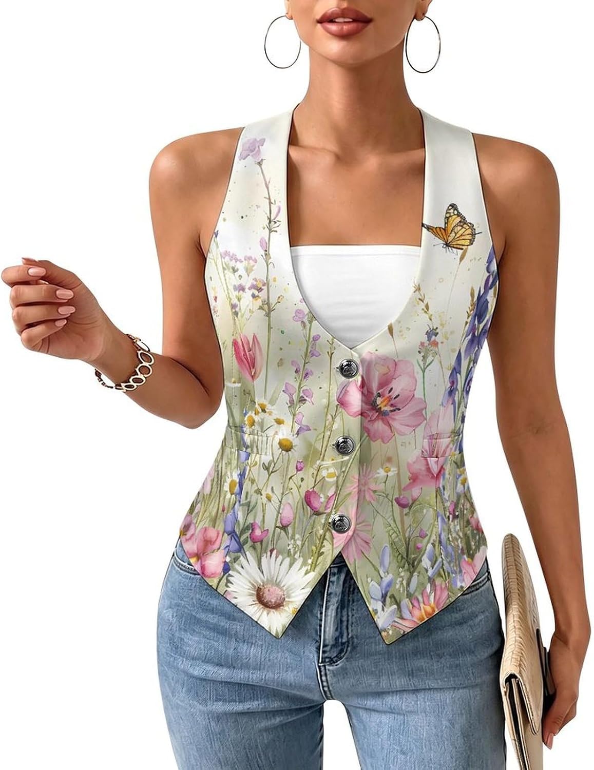Watercolor Flowers Butterflies Women's Tuxedo Waistcoat Suit Vest | 3 Button V-Neck Slim Fit Casual Sleeveless Top