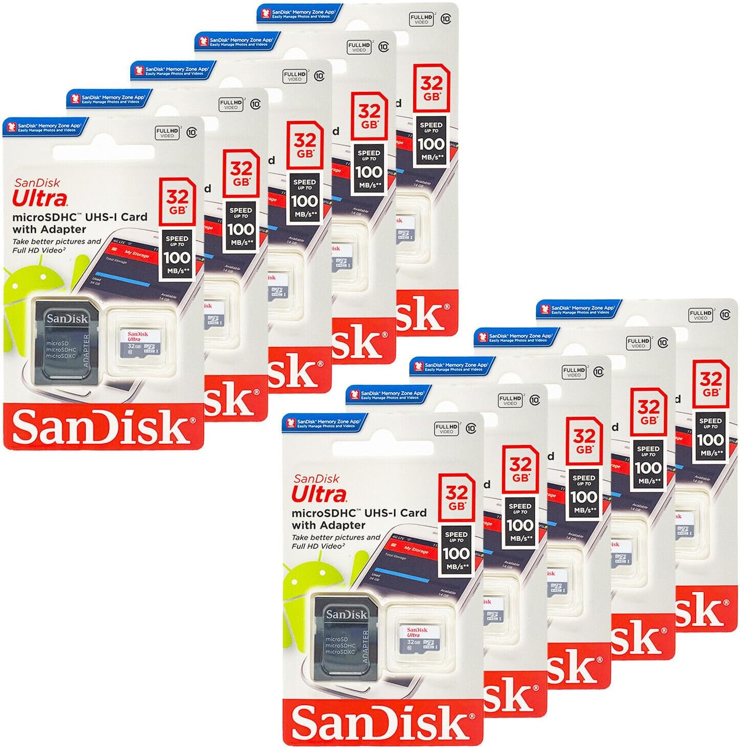 SanDisk Ultra 32GB Ultra Micro SDHC UHS-I/Class 10 Card with Adapter SDSQUNC-032G-GN6MA (Pack of 10)