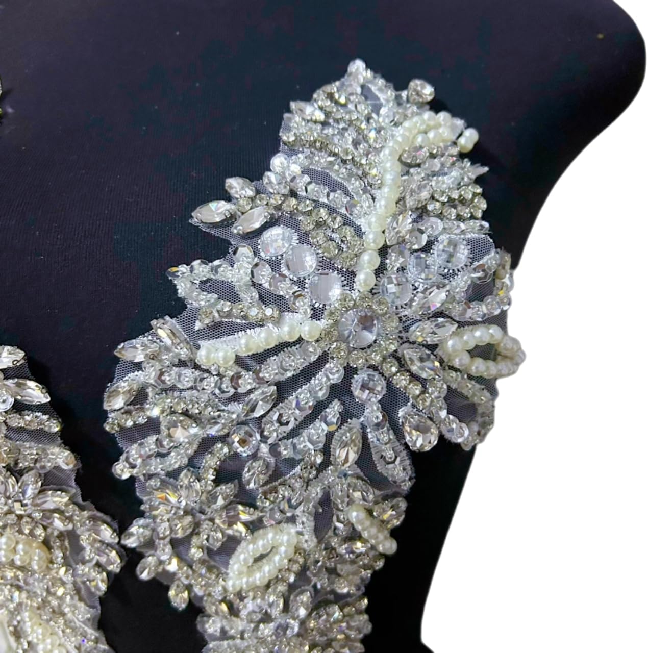 Bridal Bodice Applique Patches, a Pair of Hand-Sewn Crystal Rhinestone and Bead Floral Patches, Matching DIY Embroidered Lace Embellishment for Wedding Dress & Prom Gown