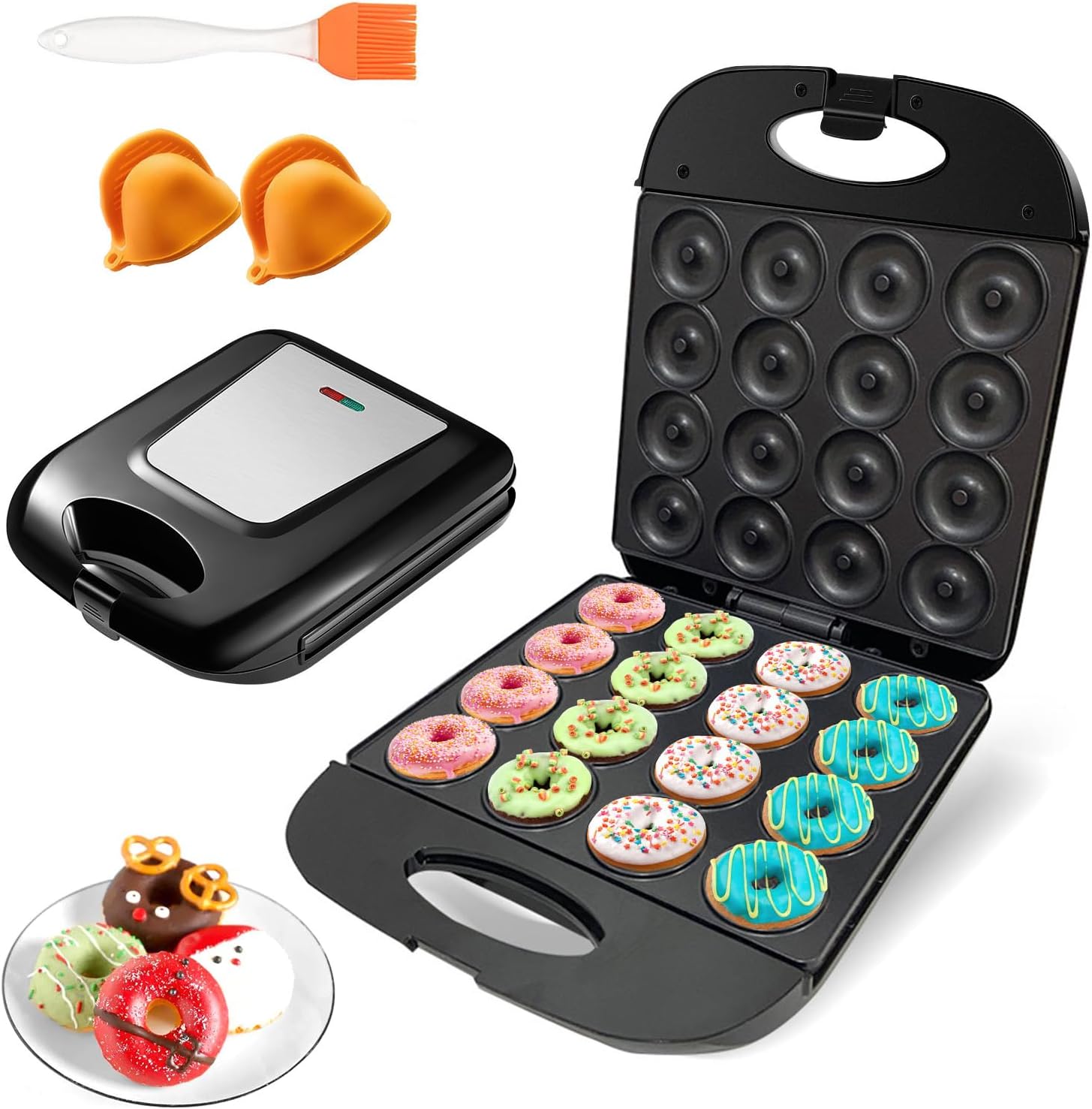 2025 Mini Donut Maker Machine for Home, Kid-Friendly 16-Hole Electric Doughnut and Pancake Maker with Non-Stick Surface, Ideal for Homemade Doughnuts (Black with Mini Oven Gloves & Brush) 2025 Mini Donut Maker Machine for Home, Kid-Friendly 16-Hole Electric Doughnut and Pancake Maker with Non-Stick Surface, Ideal for Homemade Doughnuts (Black with Mini Oven Gloves & Brush)
