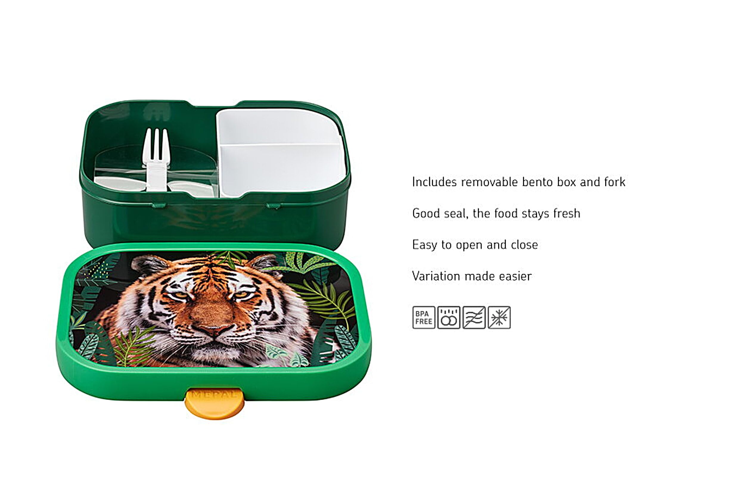 Mepal - Lunch Box Campus - Bento Lunch Box for Children - Lunch Box with Bento Compartment & Fork - Lunch Box with Clip Closure - BPA-Free & Dishwasher Safe - 750 ml - Wild Tiger - Image 2