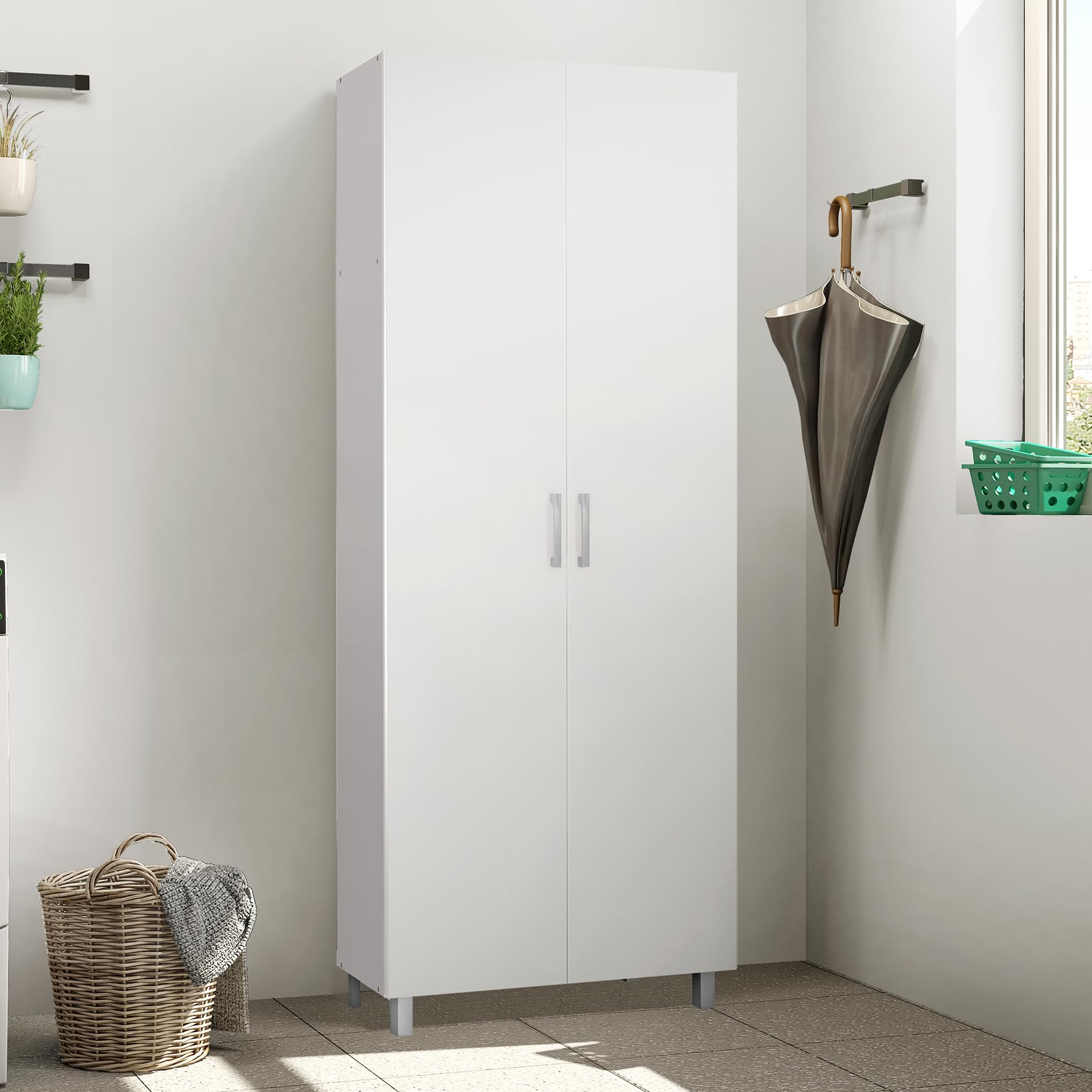 Buyqualia Armario Escobero Multiusos Dos Puertas, con Patas Color Blanco (Alto 190 / Ancho 72 / Fondo 41) Cm