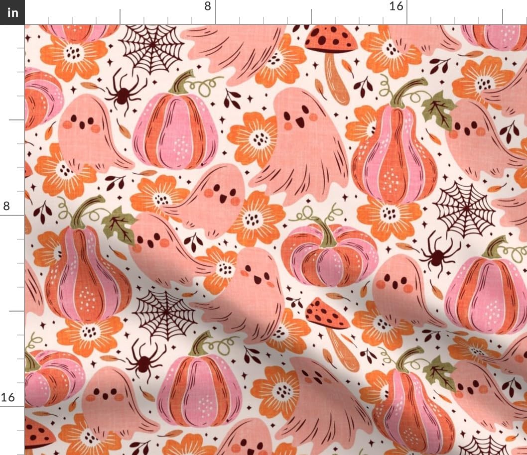 Spoonflower Fabric - Pink Ghost Orange Pumpkins Mushrooms Cottagecore Cute Retro Halloween Printed on Petal Cotton Fabric Fat Quarter - Sewing Quilting Apparel Crafts Decor