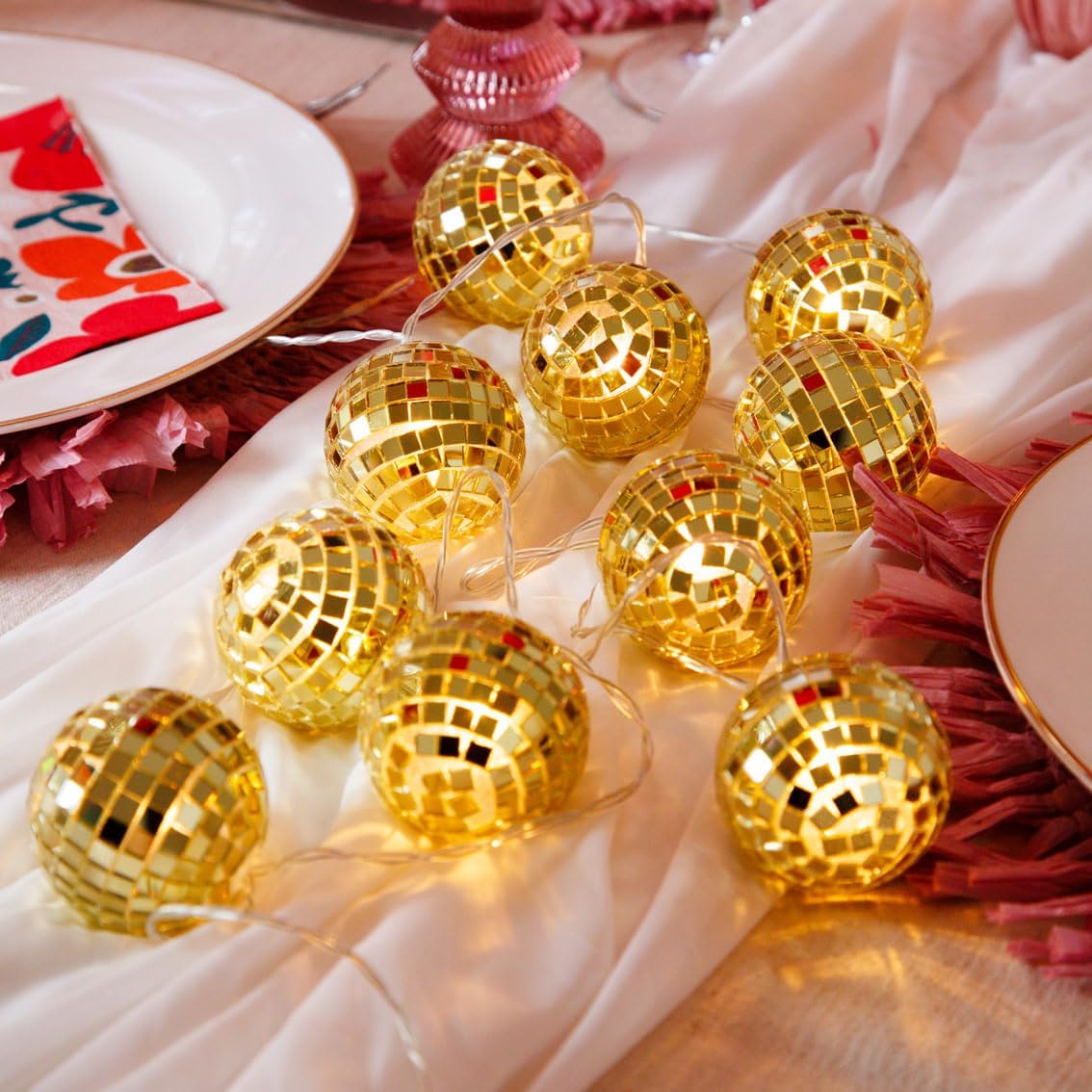 Talking Tables Gold Mirror Disco Ball Indoor String Lights for Birthday Parties Christmas Fairy Lights Table Decorations Wedding Holiday Parties Battery Operated LED Warm Glow 5.2ft