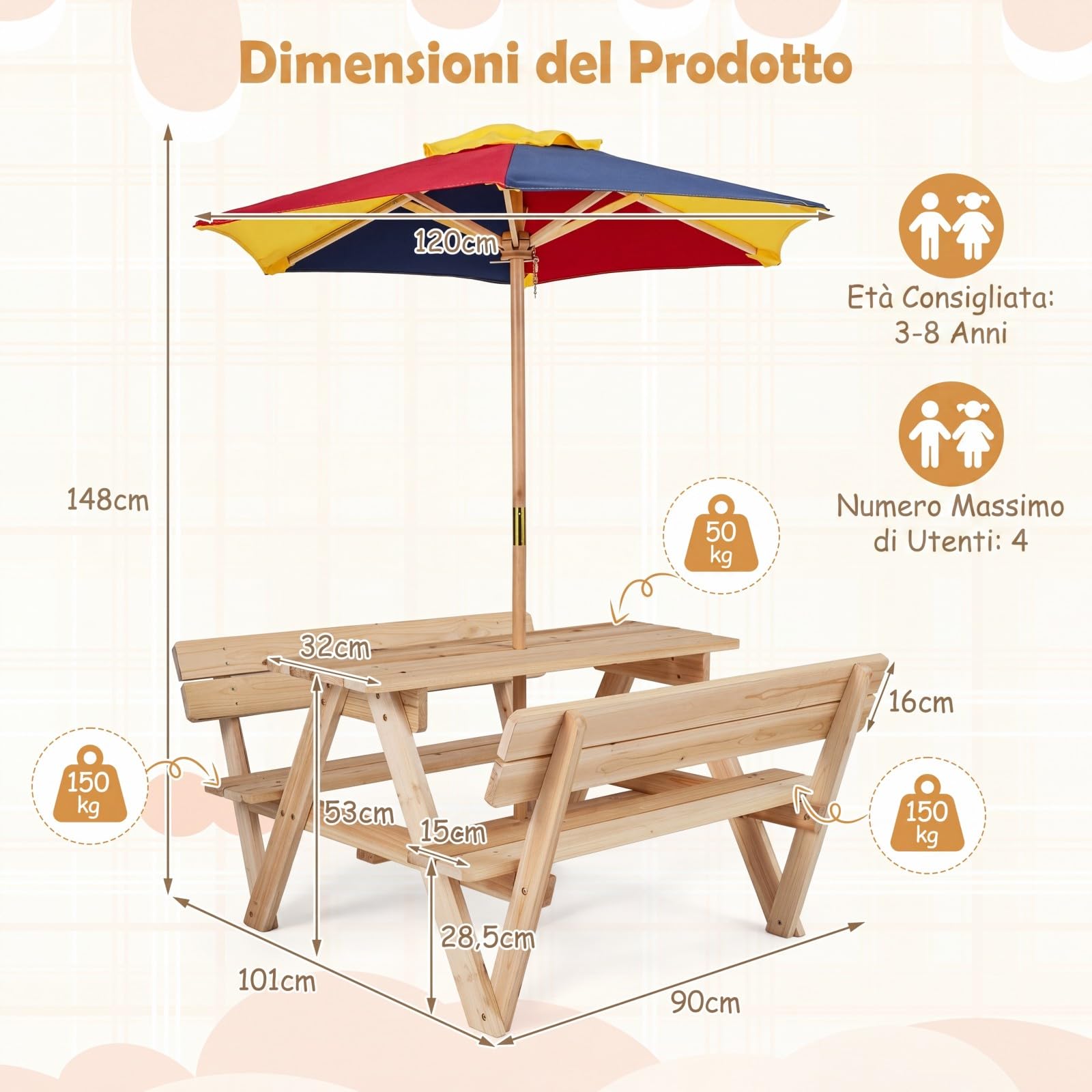 COSTWAY Tavolo da Picnic per Bambini, Set Tavolo e Panche da Giardino con Ombrellone Regolabile in Altezza e Struttura in Legno Massello per Campeggio e Picnic per Bambini 3-8 Anni