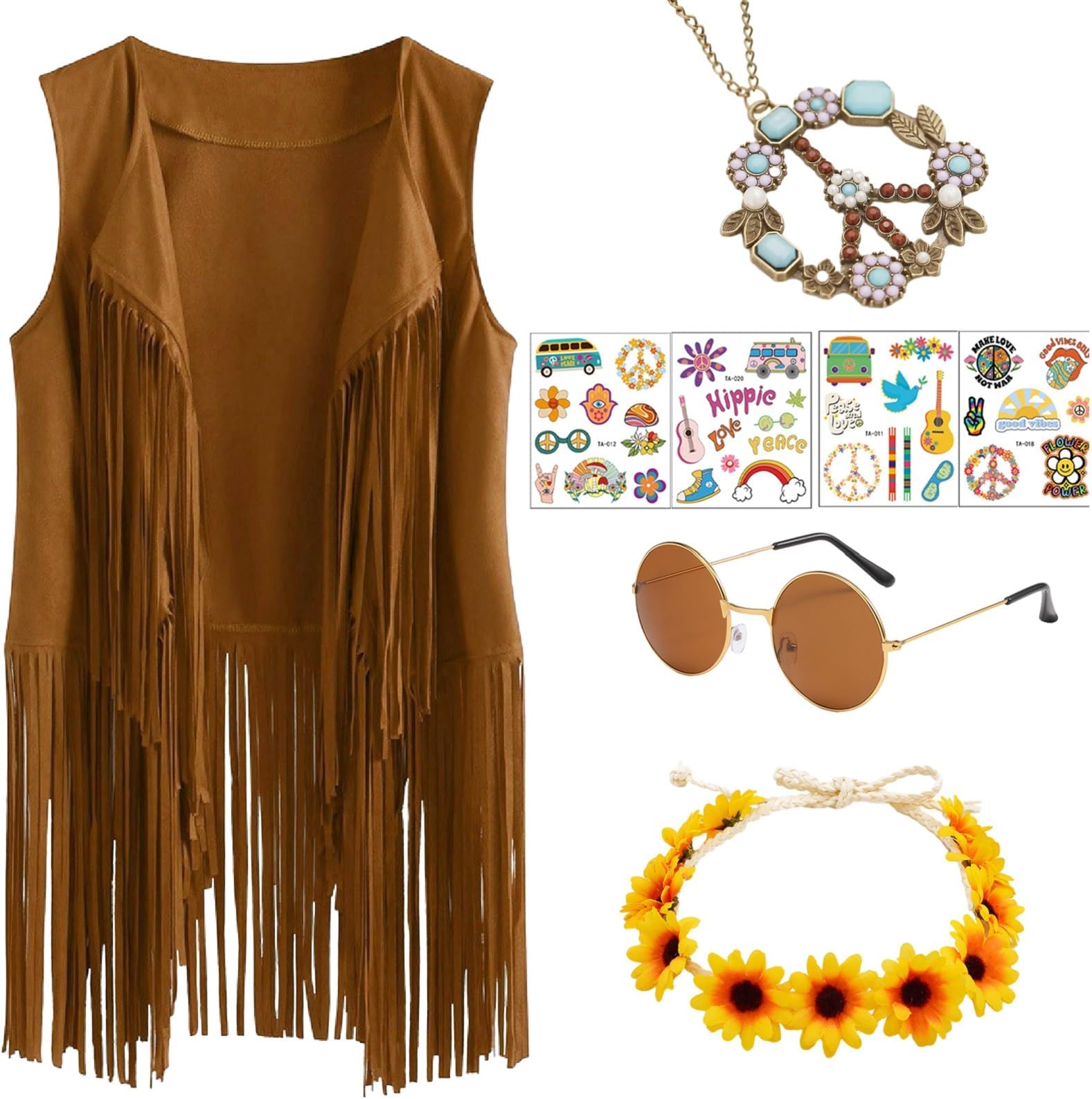 BoyigogWomen 70s Hippie Dress Costume Fringe Vest 60s Disco Fancy Dress Outfit Accessories Set Hippy Costumes for Halloween Carnival Party