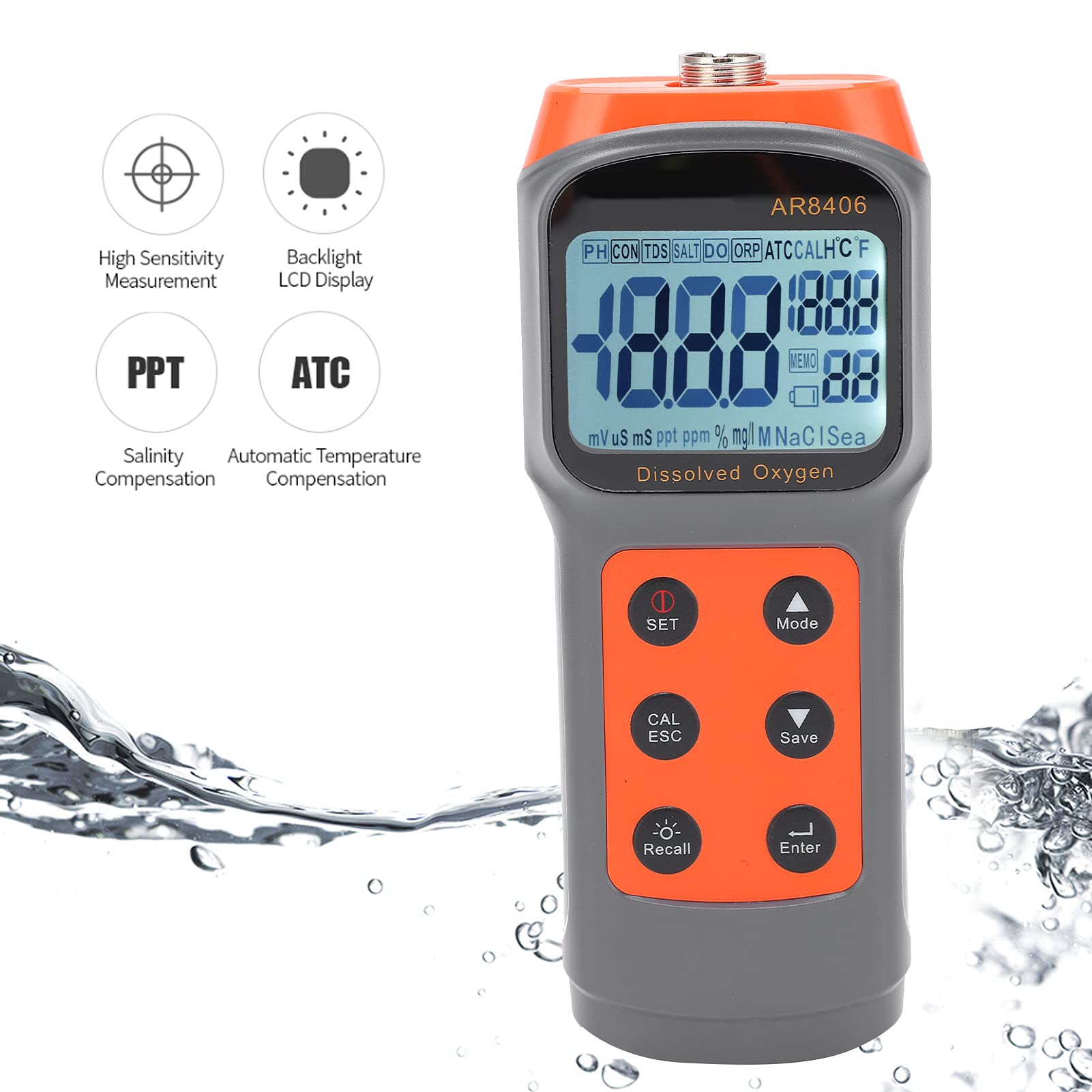 AR8406 Medidor de oxígeno disuelto portátil LCD Digital Detector de oxígeno disuelto Probador de Calidad del Agua