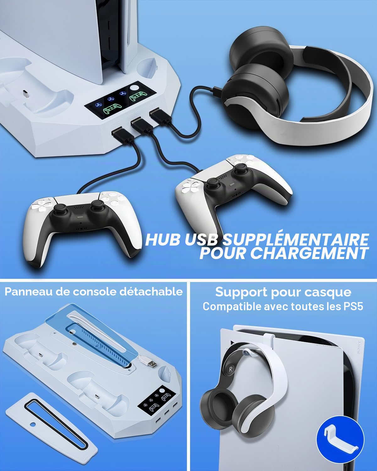 Sehawei Support PS5/PS5 Pro avec Ventilateur de Refroidissement et Chargeur Manette PS5, Ventilateur PS5 avec Télécommande pour PS5/PS5 Pro/ps5 Slim Disc & Digital