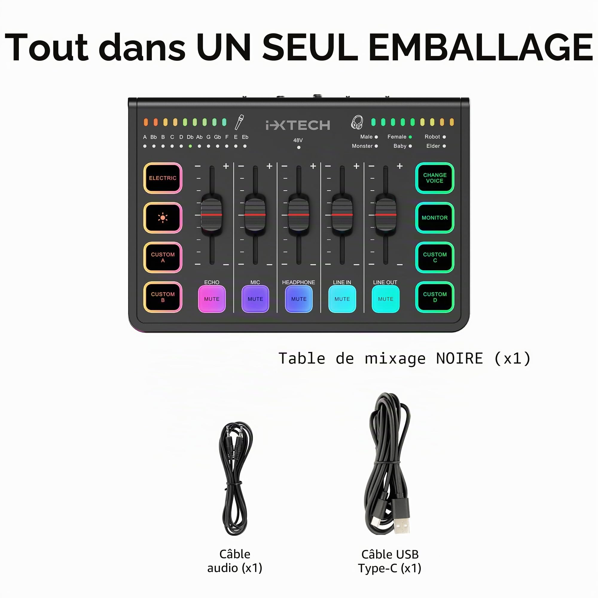 IXTECH Table de mixage audio de jeu 4 canaux, interface audio RVB pour PC avec prise en charge du microphone XLR, égaliseur audio pour jeu, podcast, streaming, karaoké, commandes de volume