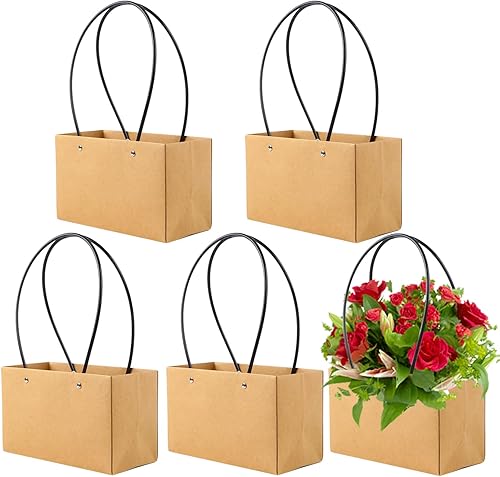 LOMIMOS 5 bolsas de regalo de flores de papel kraft rosas, ramo de flores, impermeables, resistentes, rectangulares, con asa, para el día de la