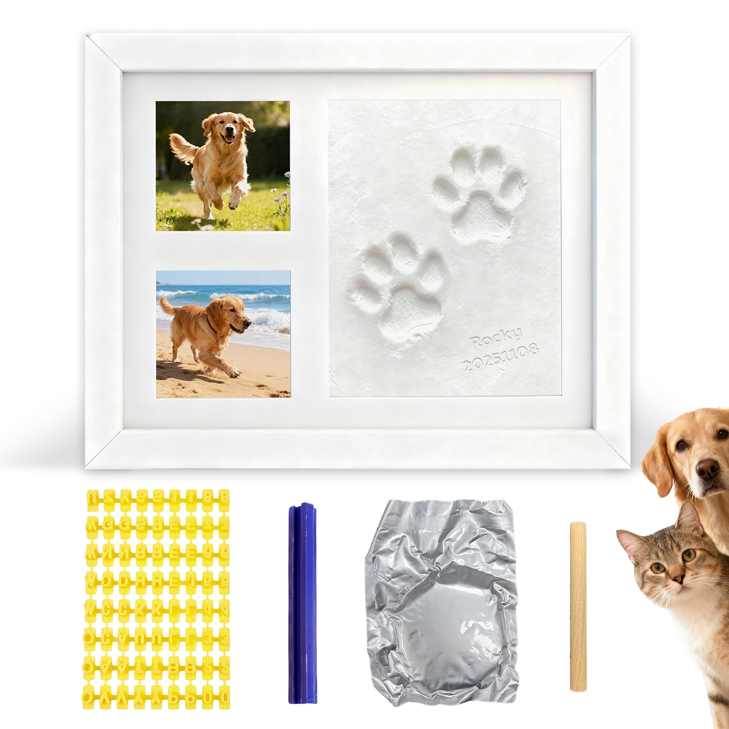 SahCognitual Pfotenabdruck Set Hund Katze, Baby Fussabdruck Set 0-6 Monate, Abdruck Bilderrahmen aus Ton, pfotenabdruck set katze, Hunde Geschenke, zum Aufhängen oder Aufstellen, Weiß