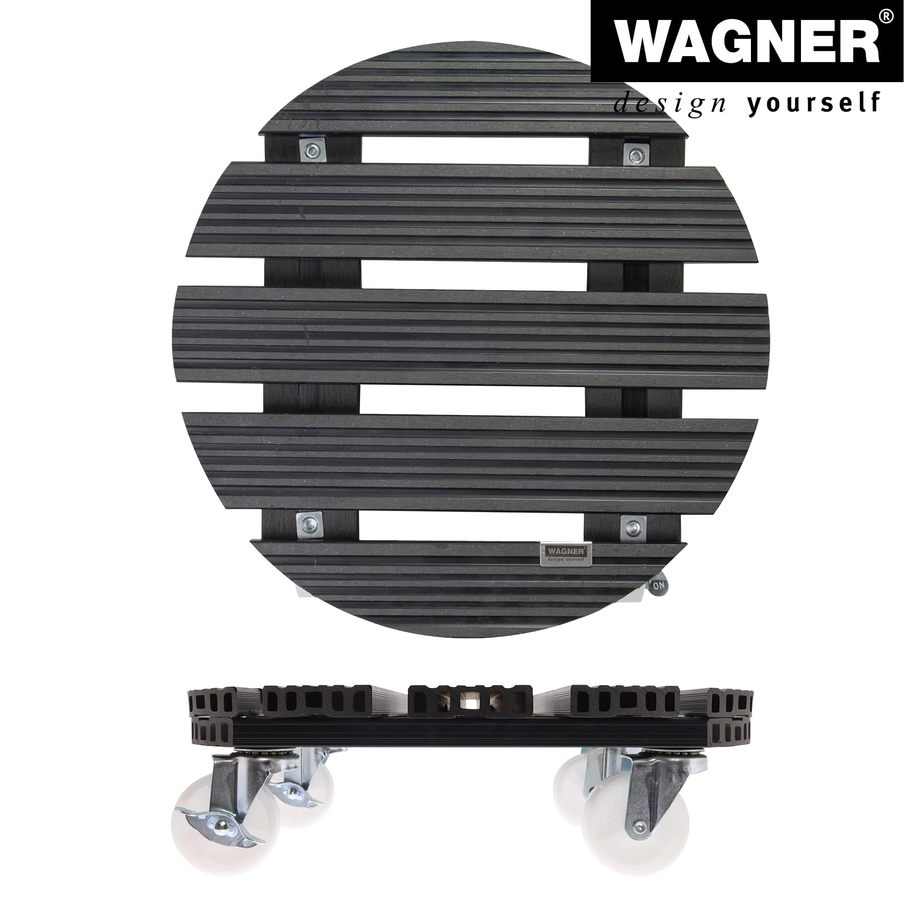 WAGNER Soporte con ruedas para plantas WPC Ø 38,5 x 11 cm I Carrito para flores para uso exterior + interior I Wood Plastic Composite FSC®, antracita I Capacidad de carga 150 kg - 20054501