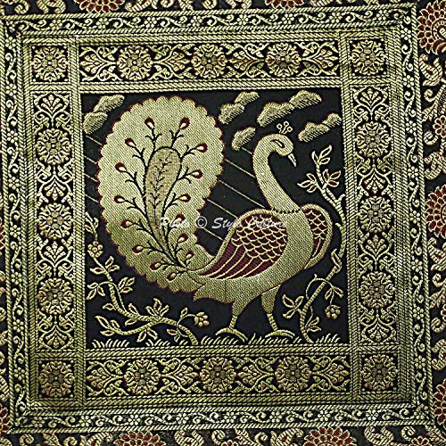 Image of Decorative Brocade Cushion Covers 16 Inch x 16 Inch Banarasi Jacquard Black & Gold Peacock Drawing Room Decor Traditional Square 40x40 cm Zippered Sofa Settee Pillowcases -Set of 5 Pcs