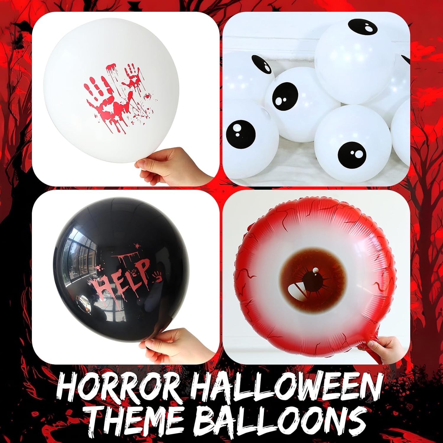 Bloody Scary Halloween Balloon Arch Kit,159Pcs Red Black White Bloody Handprints Balloon Garland with Eyeball Foil Balloons,3D Bat Stickers for Horror Movies Night Killer Birthday Party Decorations - Image 3