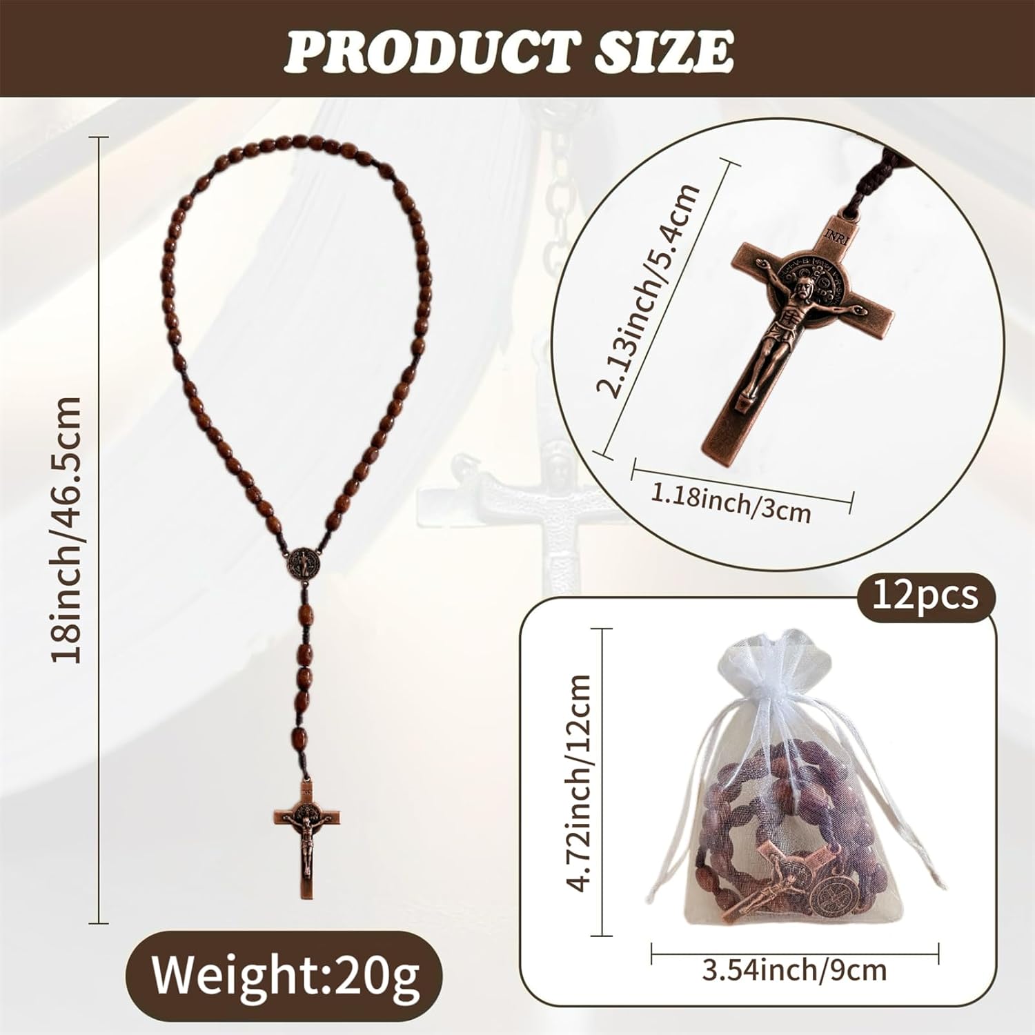 Bovemee Saint Benedict Medal Prayer Pocket Rosary Catholic Brown Wood Beads with Medalla de san benitol and Crucifix, 9 Inch - Image 2