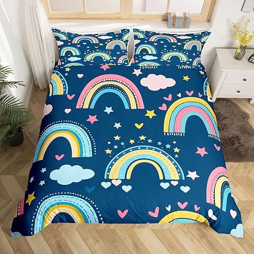 Feelyou Juego de ropa de cama con diseño de arco iris para niñas, nubes y estrellas, funda de edredón para niños y niños, estilo de dibujos