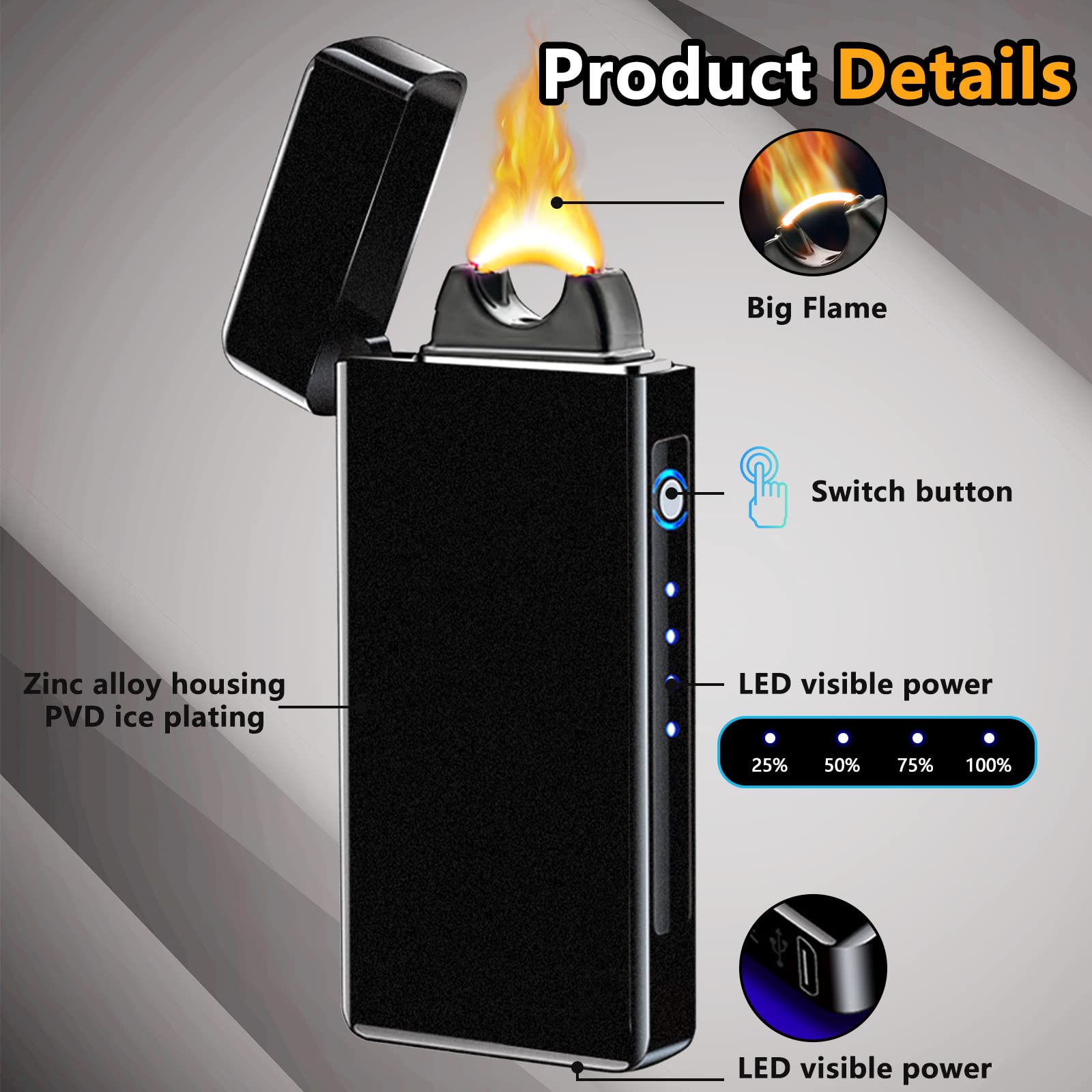 Encendedor Eléctrico con Revestimiento de PVD, Mechero Electrico de Llama Grande, Encendedor USB con Arco Engrosado, Hermoso Electric Lighter, Regalos para Hombres (Negro Esmerilado)