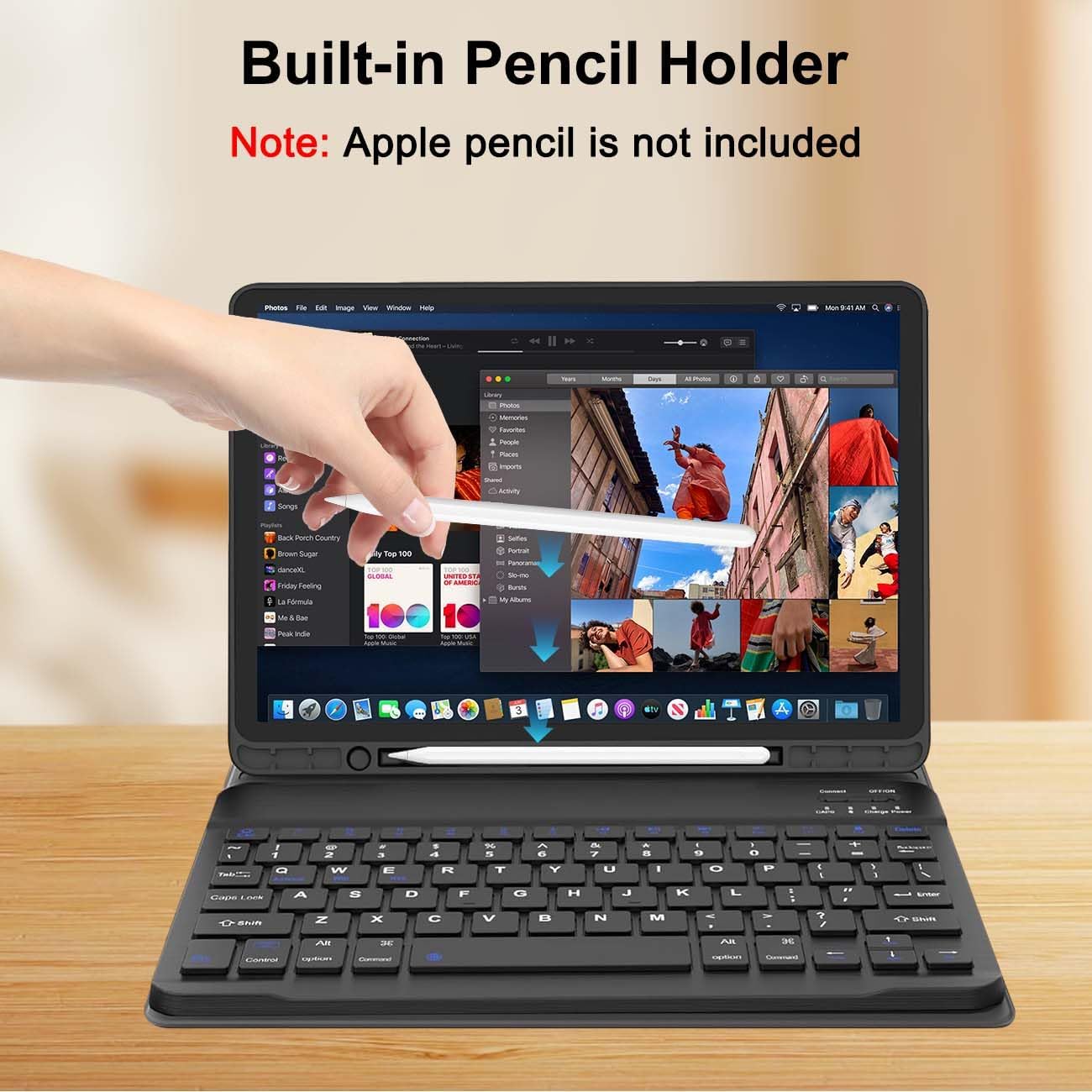 for iPad Pro 12.9 inch Detachable Keyboard Case - Rechargeable Smart Folio Cover with Pencil Holder for 1st & 2nd Generation (2015/2017), Wireless Bluetooth Typing for Work and Study, Black