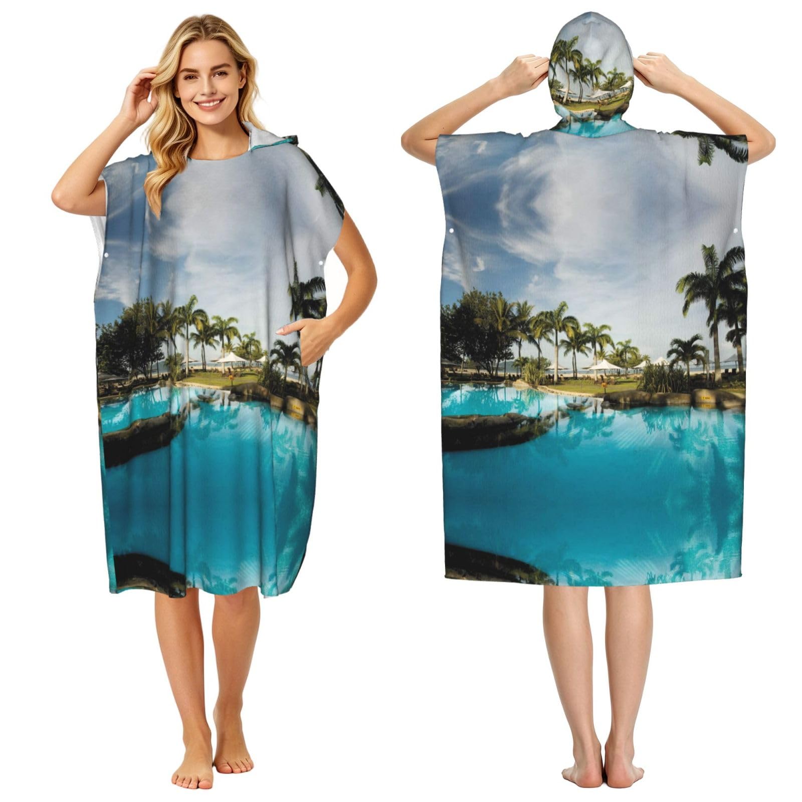 EZDLOWVBA Tropical Coconut Trees Beach Print Hooded Poncho Microfiber Beach Towel,Adult Women & Men Changing Robe,Lightweight Summer Surf Swim Bath Poncho Towel