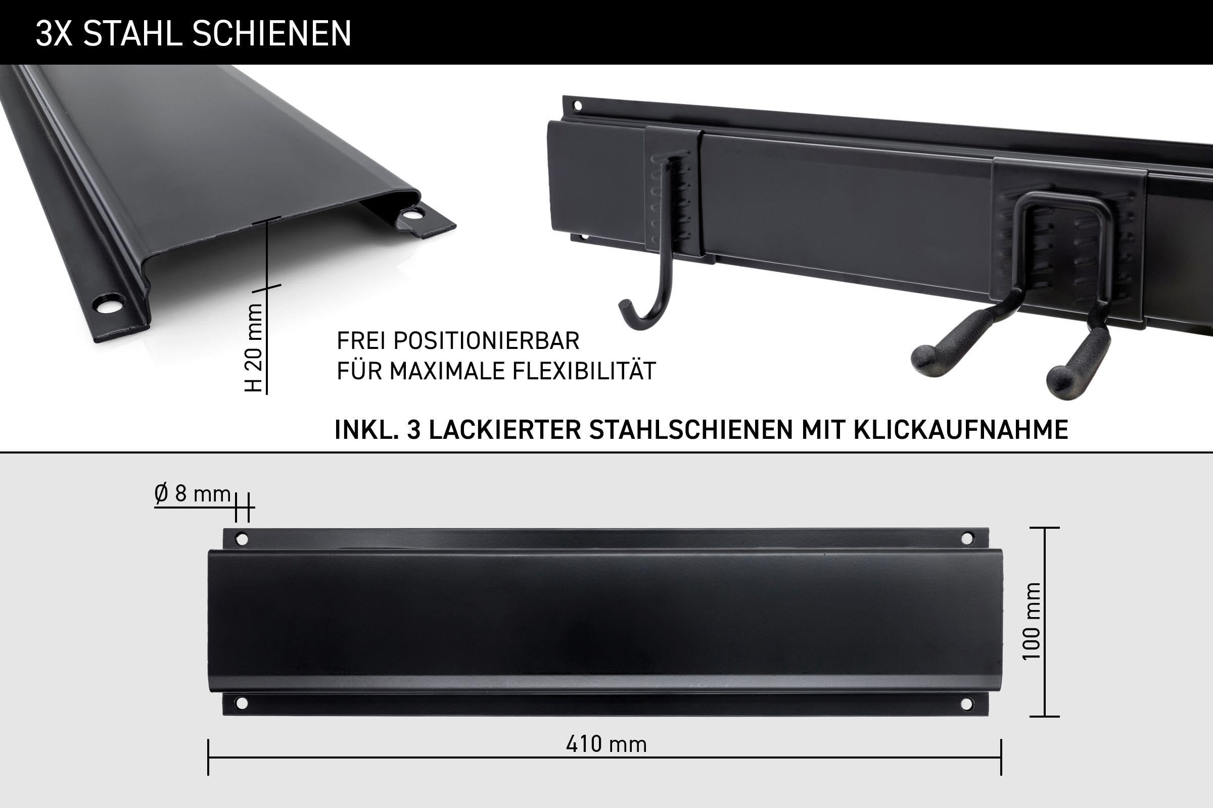 36 teiliges Gerätehalterung Set bestehend aus 3 Stahl Schienen + 7 Halter + 2 Nylonklettschlaufen und Befestigungsmaterial - Stahlblech schwarz lackiert mit gummierten Halterarmen