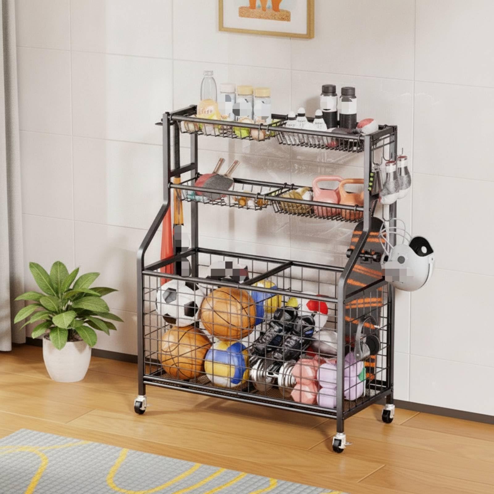 Amagogo Scaffale Porta Palloni Carrello Scaffalatura Organizzatore Contenitore in Acciaio al Carbonio con Cestelli a Rete Traspirante Struttura Robusta E