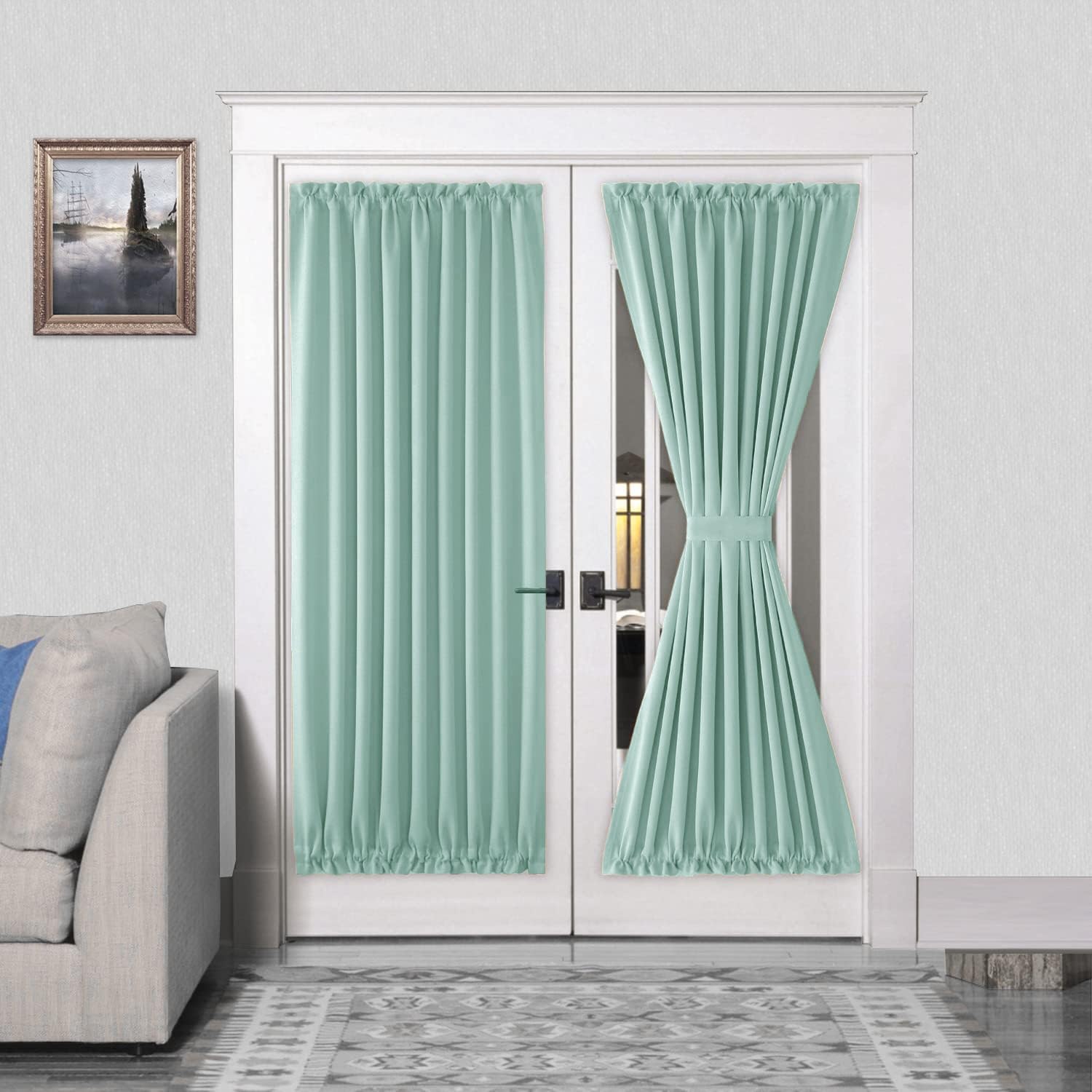 DWCN French Door Curtains – Rod Pocket Thermal Blackout Curtain for Doors with Glass Window, Kitchen and Patio Doors for Privacy, 54 X 72 Inches Long, 1 Curtain Panel with Tieback, Mint Green — image 1